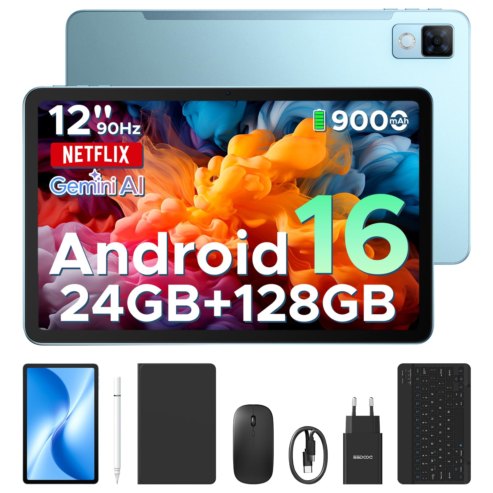 DOOGEE U12 Tablet con Tastiera Android 16, Tablet 12 Pollici, 24GB RAM+128GB/2TB TF, WIFI5, Gemini AI, 2000 * 1200 FHD+IPS, 9000mAh/18W, 13MP+8MP, UNISOC T7255 Octa Core/Widevine L1/Face ID/GPS, Blu