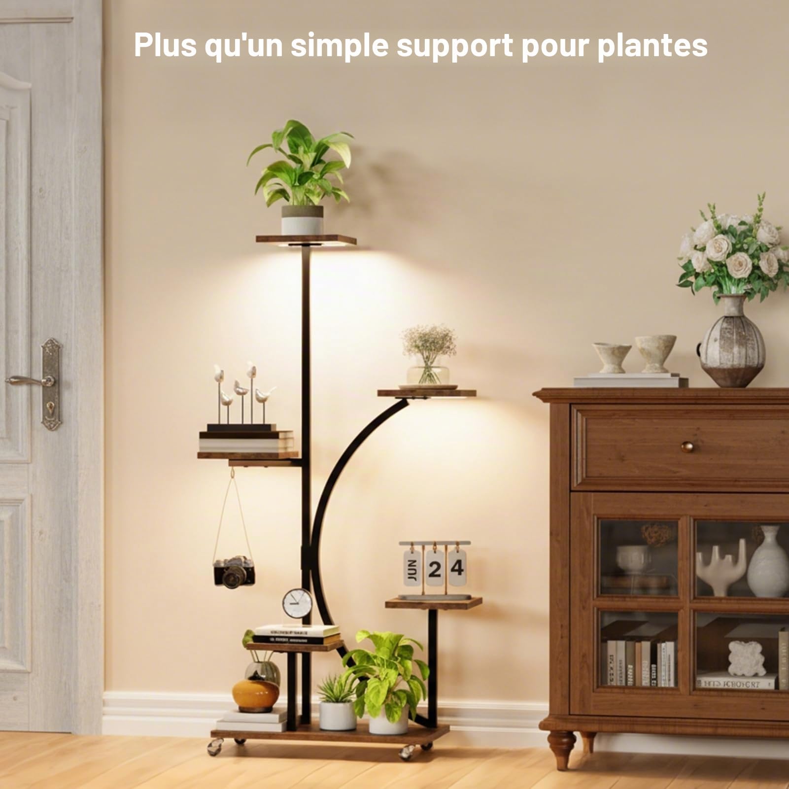 Présentoir à plantes avec lumière de croissance, support à fleurs 6 niveaux 125 cm, présentoir à plantes métal bois avec roulettes de fixation, présentoir à fleurs intérieur extérieur, escalier à