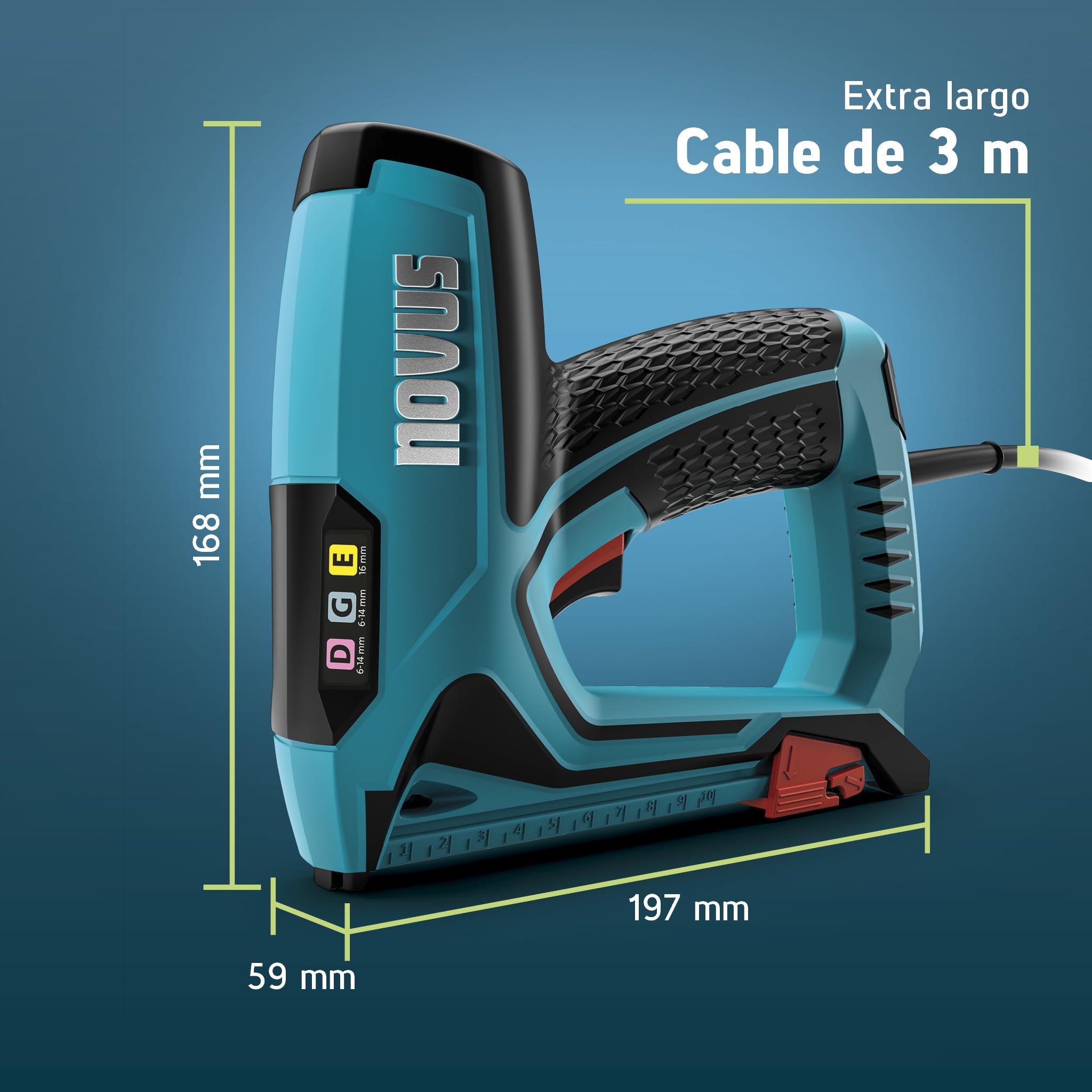 NOVUS TOOLS Juego de grapadora eléctrica J-151 con 1200 grapas, grapadora profesional y pistola de clavos con regulación de la fuerza de impacto, tope de distancia y mecanismo de carga inferior