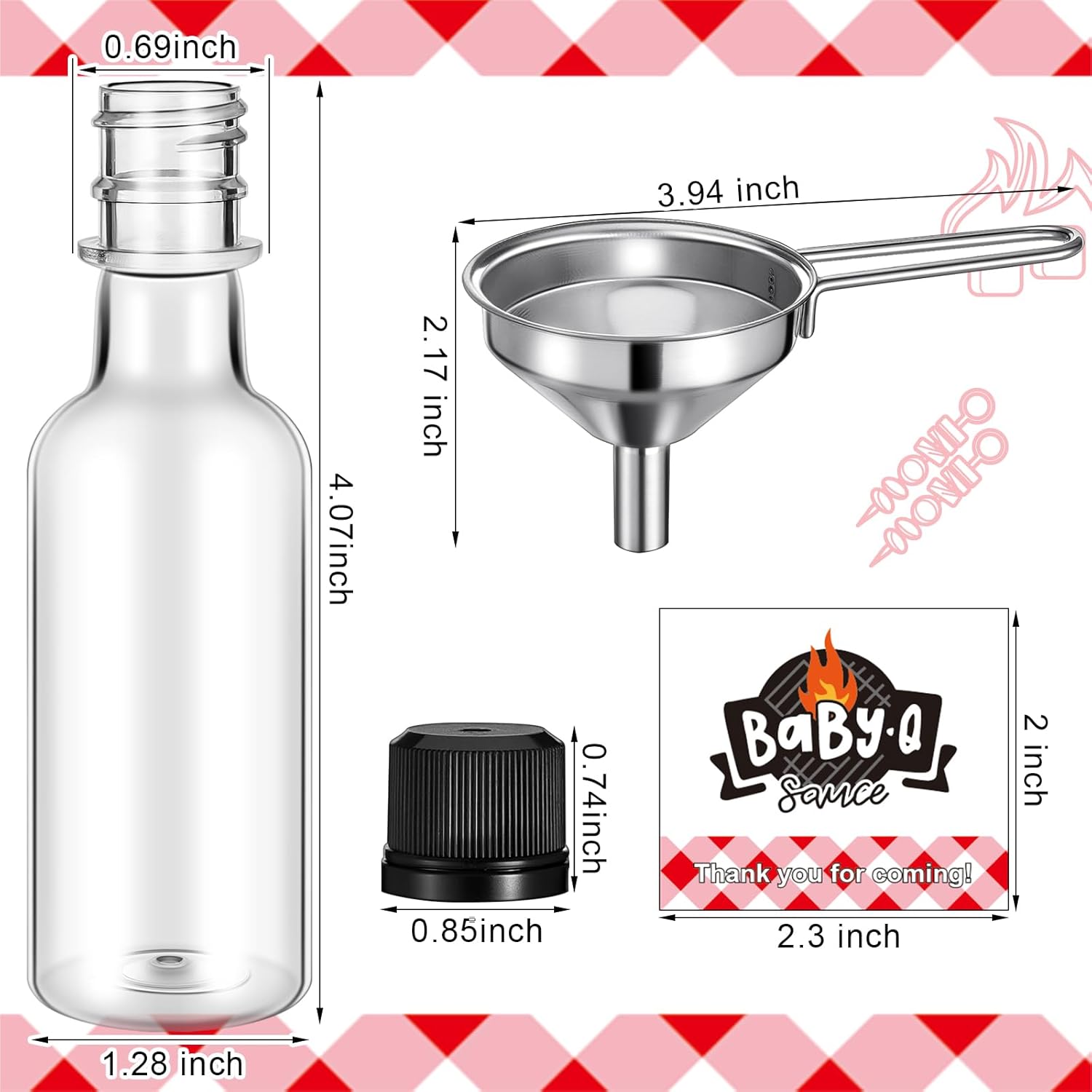Maxdot 36 Set BBQ Baby Shower Decorations Clear Plastic 1.7 oz Hot Sauce Woozy Bottle Empty Favor with Leak Proof Screw Cap Stainless Steel Funnel Baby Q Sticker Labels for BBQ Picnic Birthday Party