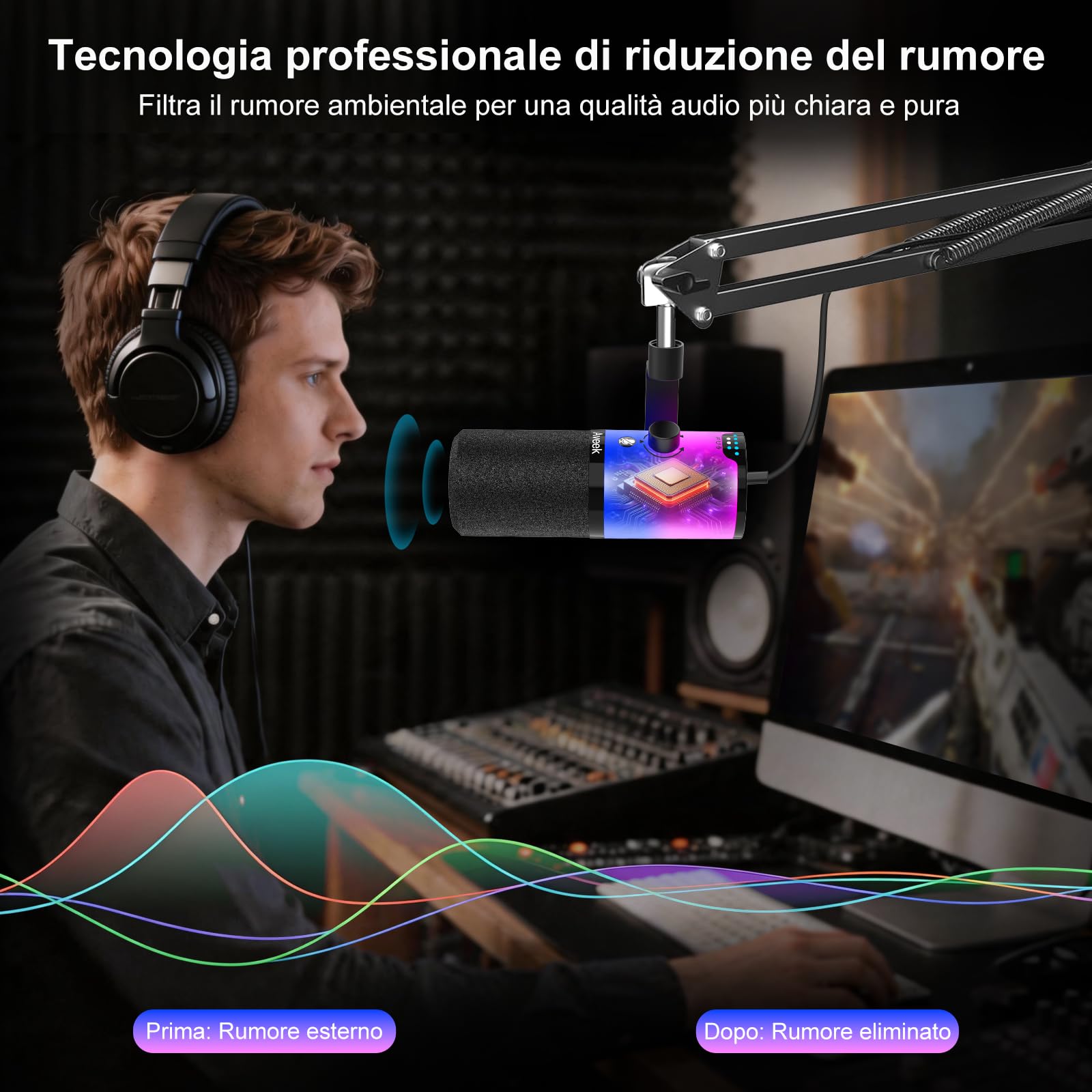 Aveek Microfono Dinamico USB/XLR con Braccio per Gaming & Streaming | Illuminazione RGB, Riduzione del Rumore, Mute One-Touch, Monitor Mix e Jack Cuffie per PC & PS5