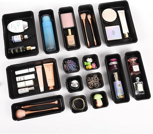 Juego de organizador de cajones de 15 piezas, 3 tamaños entrelazados de plástico para suministros de oficina, tocador de maquillaje de joyas, baño,