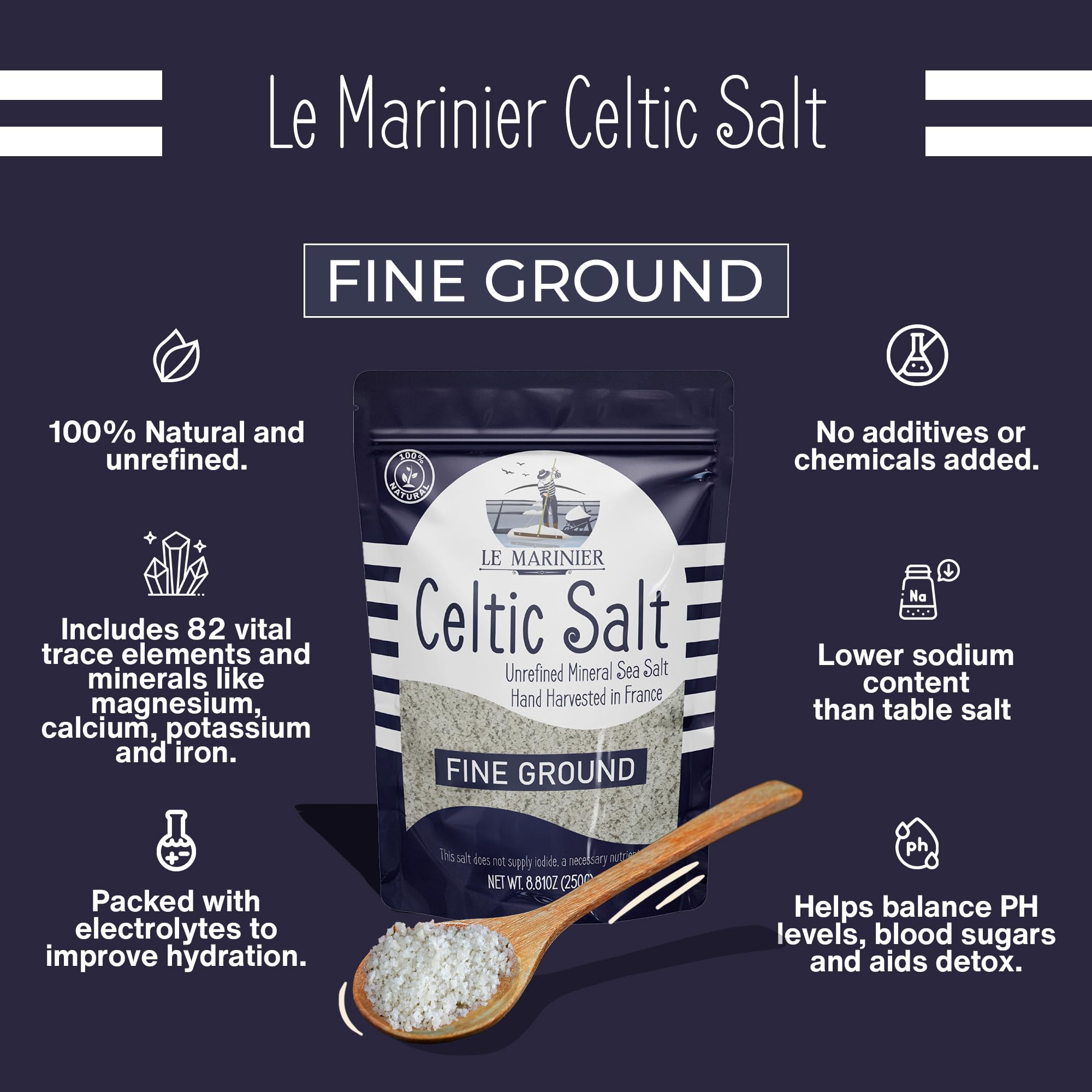 Le Marinier French Sea Salt Fine Ground, 8.81oz – 0.6lb. Mineral Rich 100% Natural and Unrefined Sea Salt Organic Mineral Fine Ground. Hand Harvested Mineral Salt (0.6lb Fine Ground)