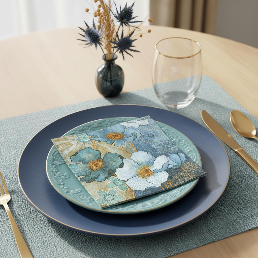 Compton Tovaglioli Di Carta Floreale Blu – 20 Pezzi, 33x33 Cm, 3 Strati (Made In Germany) - 3