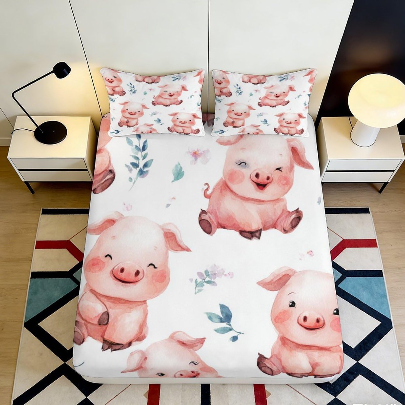 3D Printed Cute Pig Fitted Sheet Microfiber Deep Pocket Non-Slip Bedroom Set Pig Mattress Fitted Cover Full Wrap Washable 200x200x25cm 90x200x25cm