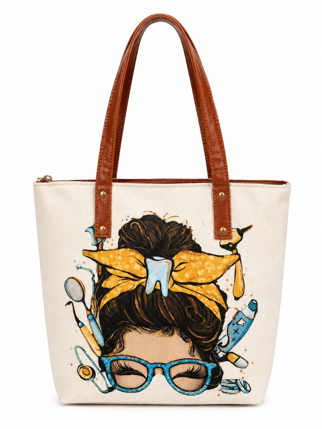 Dentist Theme Canvas Tote Bag for Women | Large Shoulder Handbag with PU Leather Handles | Funny Dental Print Office, College & Shopping Tote | Reusable Eco-Friendly Canvas Carry Bag-image-13