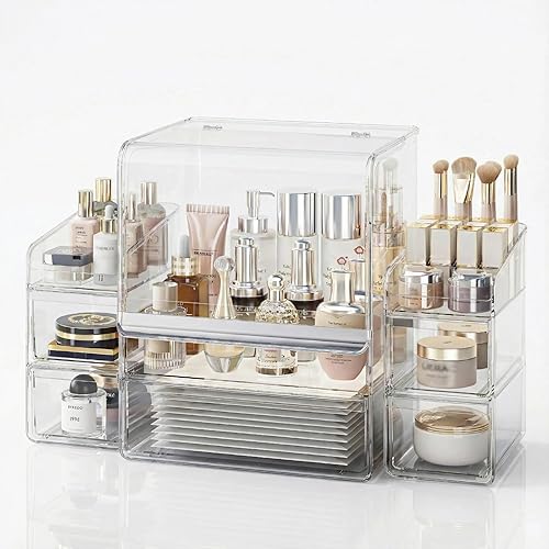 Miniatura 8 de Organizador de maquillaje para tocador con tapa, organizador apilable de cosméticos y almacenamiento, organizador de maquillaje acrílico