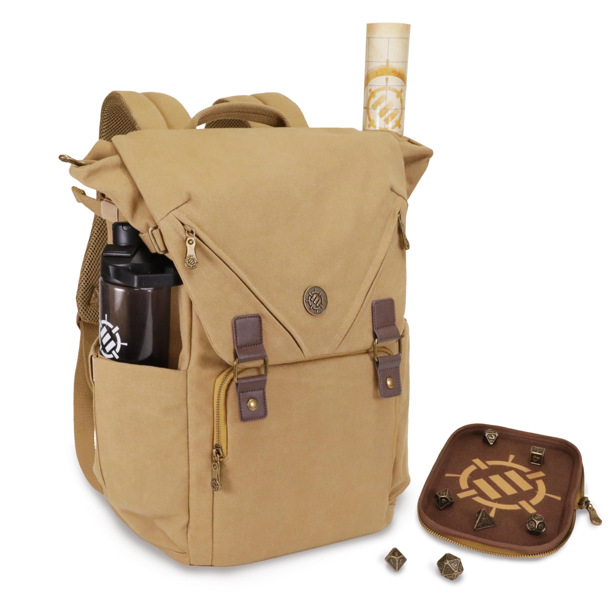 ENHANCE Venture Canvas DnD Backpack - RPG DM Bag for Dungeons and Dragons with Removable Dice Tray - Travel DnD Bag fits 4-6 Books Upright, 17" Laptop
