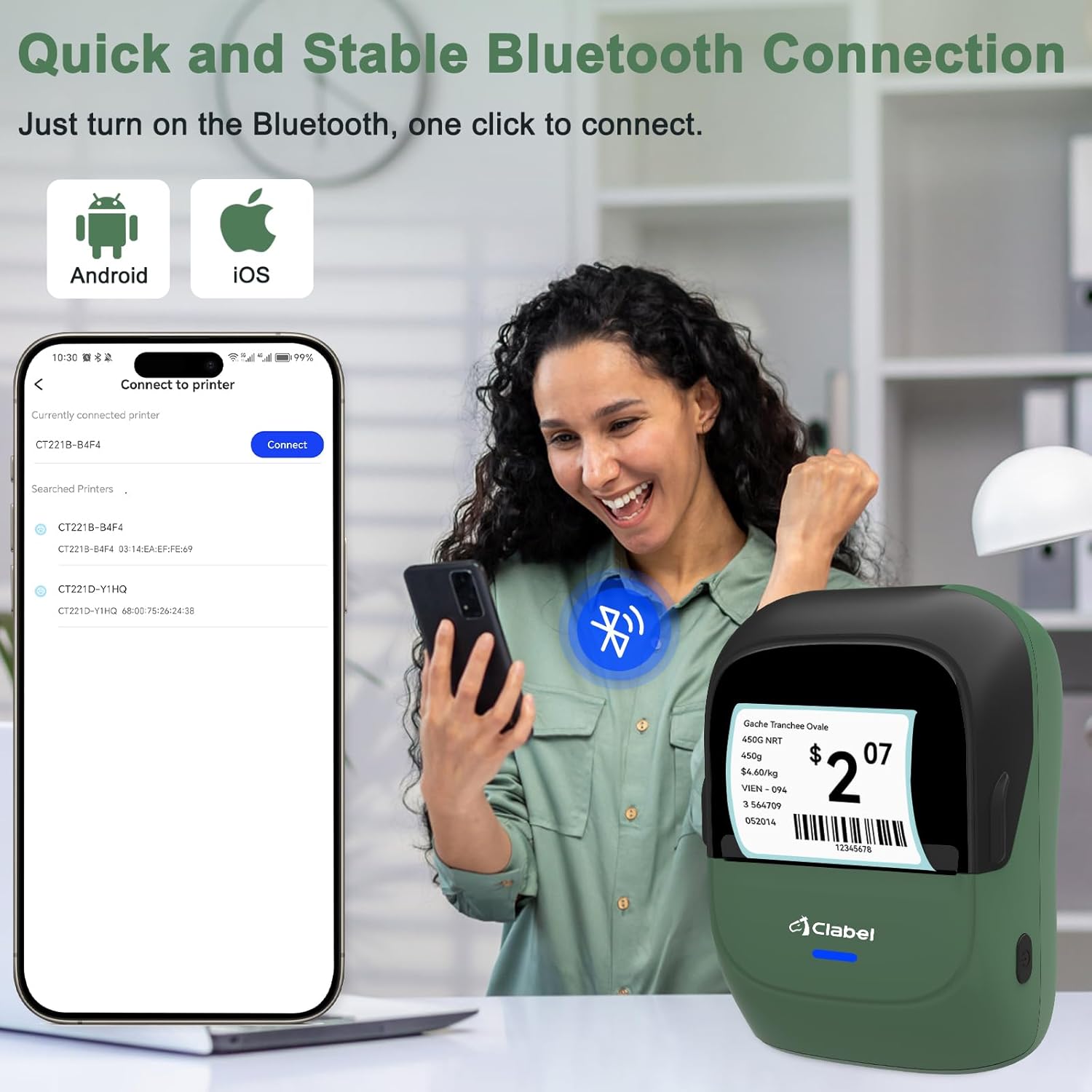 CLABEL 221B printer connected to a smartphone via Bluetooth
