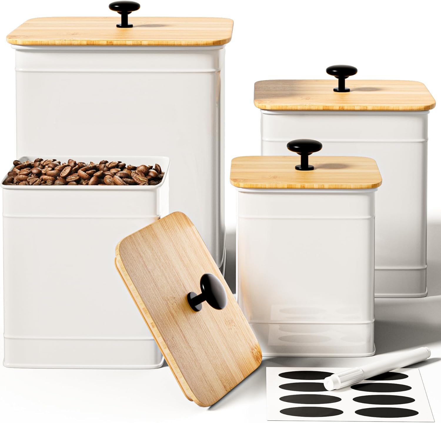Kitchen Canisters for Countertop Set of 4 with Customizable Chalkboard Labels & Marker Pen - Big Iron Kitchen Canisters with Airtight Lids - Canisters Sets for the Kitchen - White Kitchen Canister Set