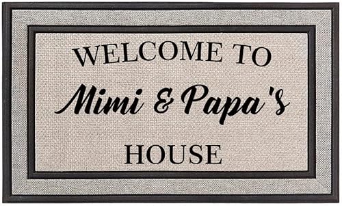 Felpudo para interiores y exteriores, 18 x 30 pulgadas, color gris, beige y negro, con parte trasera de goma, bienvenido a casa de Mimi y papá,