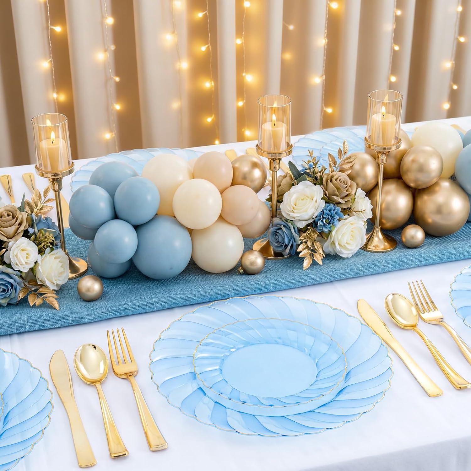 YOUBET 125PCS Clear Blue Gold Plastic Plates - Blue Disposable Plates With Gold Rim Include 25 Dinner Plates 25 Dessert Plates 75 Golden Silverwares for Wedding Birthday & Parties