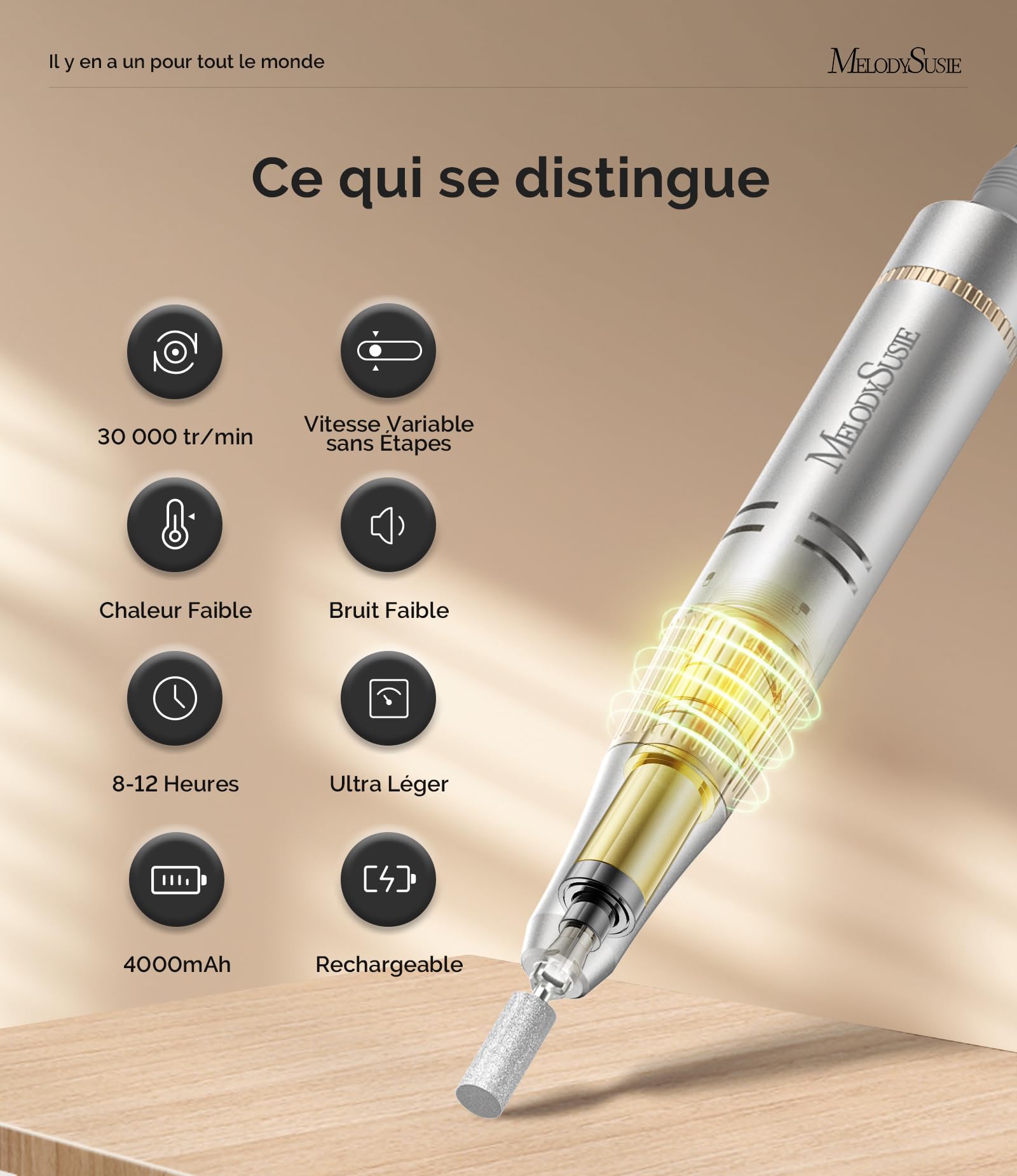 MelodySusie Ponceuse pour Ongles Professionnelle 30 000 tr/min, SC320F Lime à Ongles Électrique Rechargeable sans Fil pour Manucure Pédicure Puissante, Avec 6 Embouts pour Salon/Maison, Blanc&Or