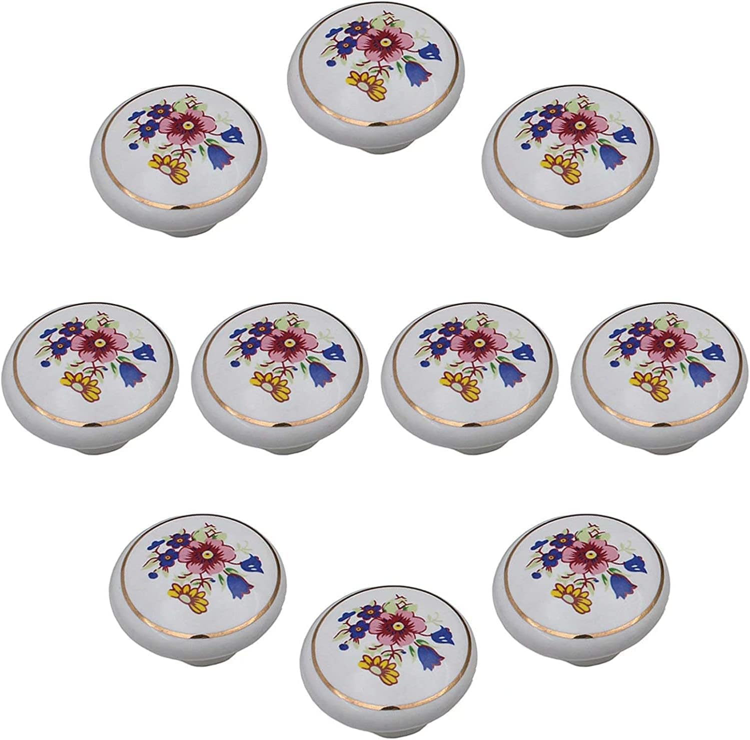 Yatuopng Diameter38mm Knob Handle,Set Of 10 Classic Blue And Pink Flower Bronze Antique Ceramic Knobs - Hand-Painted Door Handmade Kitchen Cupboard & Drawer(Diameter38mm)