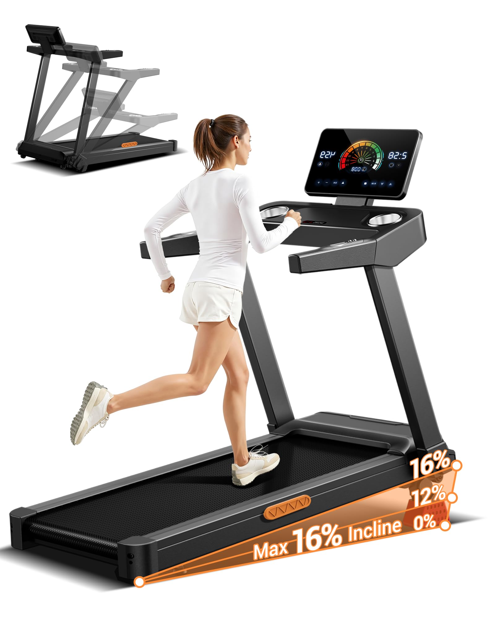 UMAY Laufband für Zuhause mit Steigung 16%, 14KM/H | Laufband Klappbar Treadmill for Home mit leisem 3,5-PS-Motor, LED-Anzeige, 180KG
