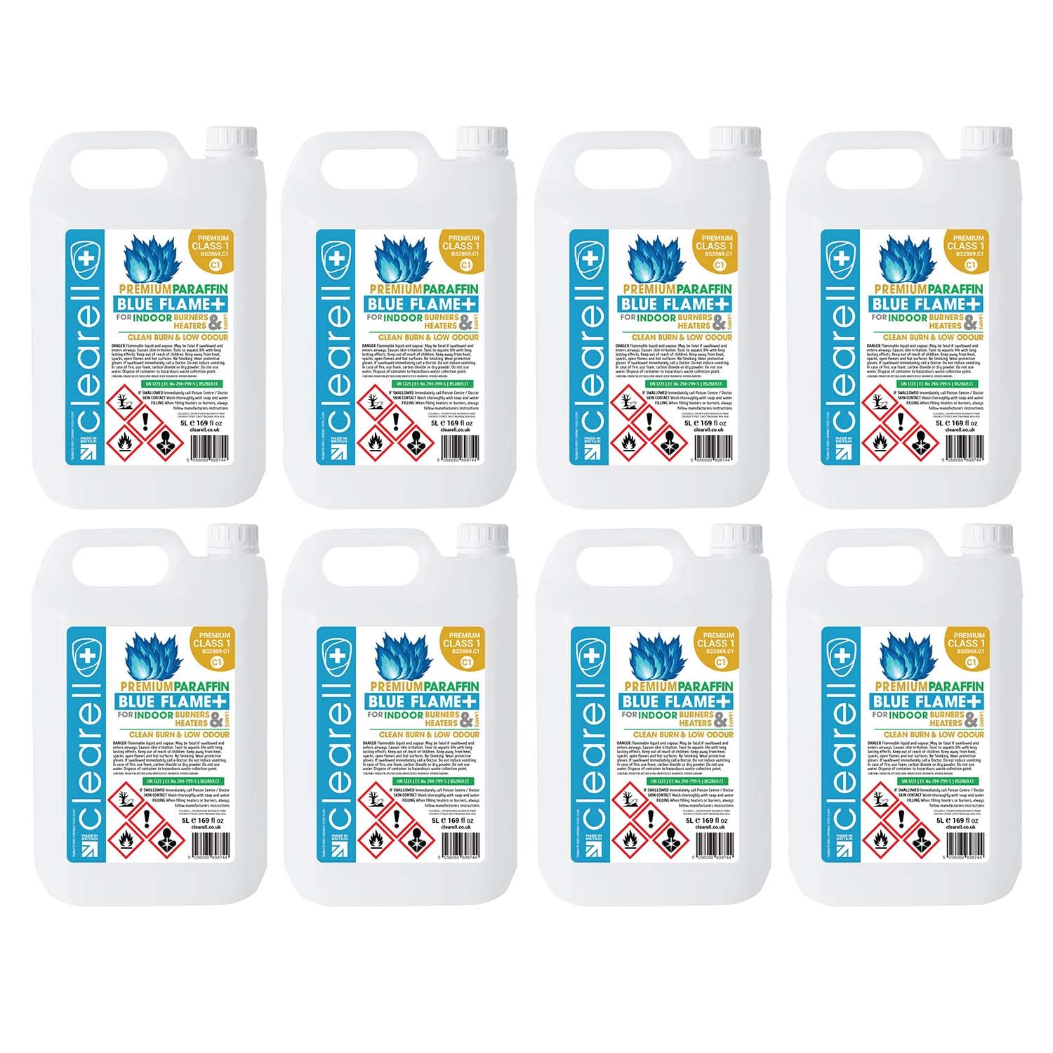 Clearell 40L | Pack of 8 x 5L | Blue Flame Premium Indoor Paraffin Class 1 | 40 litres BS2869 C1