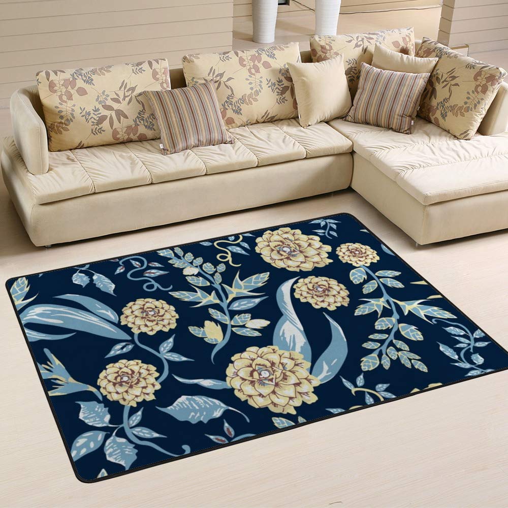 Tapis de grande taille CHEHONG en microfibre polaire bleu marine à fleurs 60x39" anti-bouloche