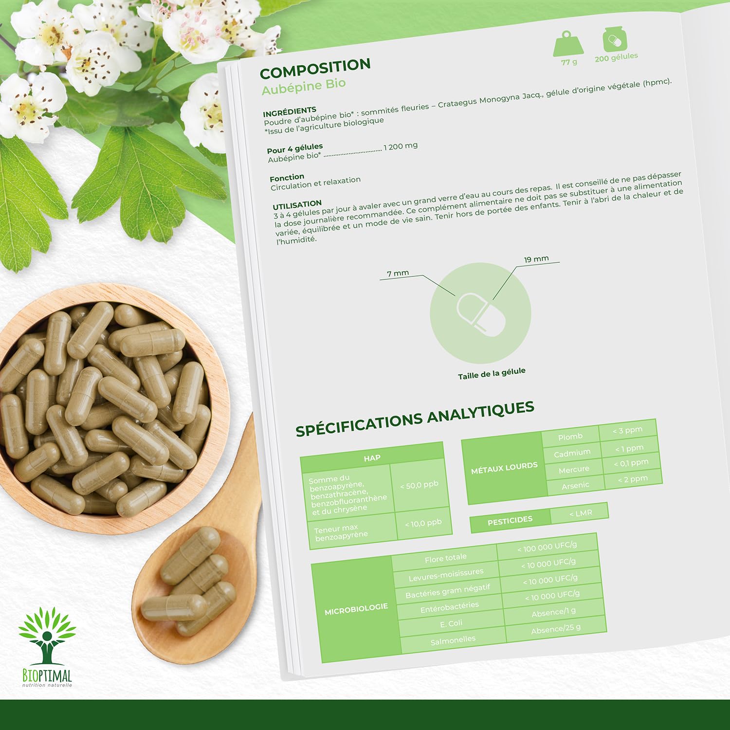 Aubépine bio - Bioptimal - Complément alimentaire - Sommeil Anti-Stress Anxiété - 100% Sommité Fleurie en Poudre Pure - 300mg par Gélule - Fabriqué en France - Certifié par Ecocert - 200 gélules