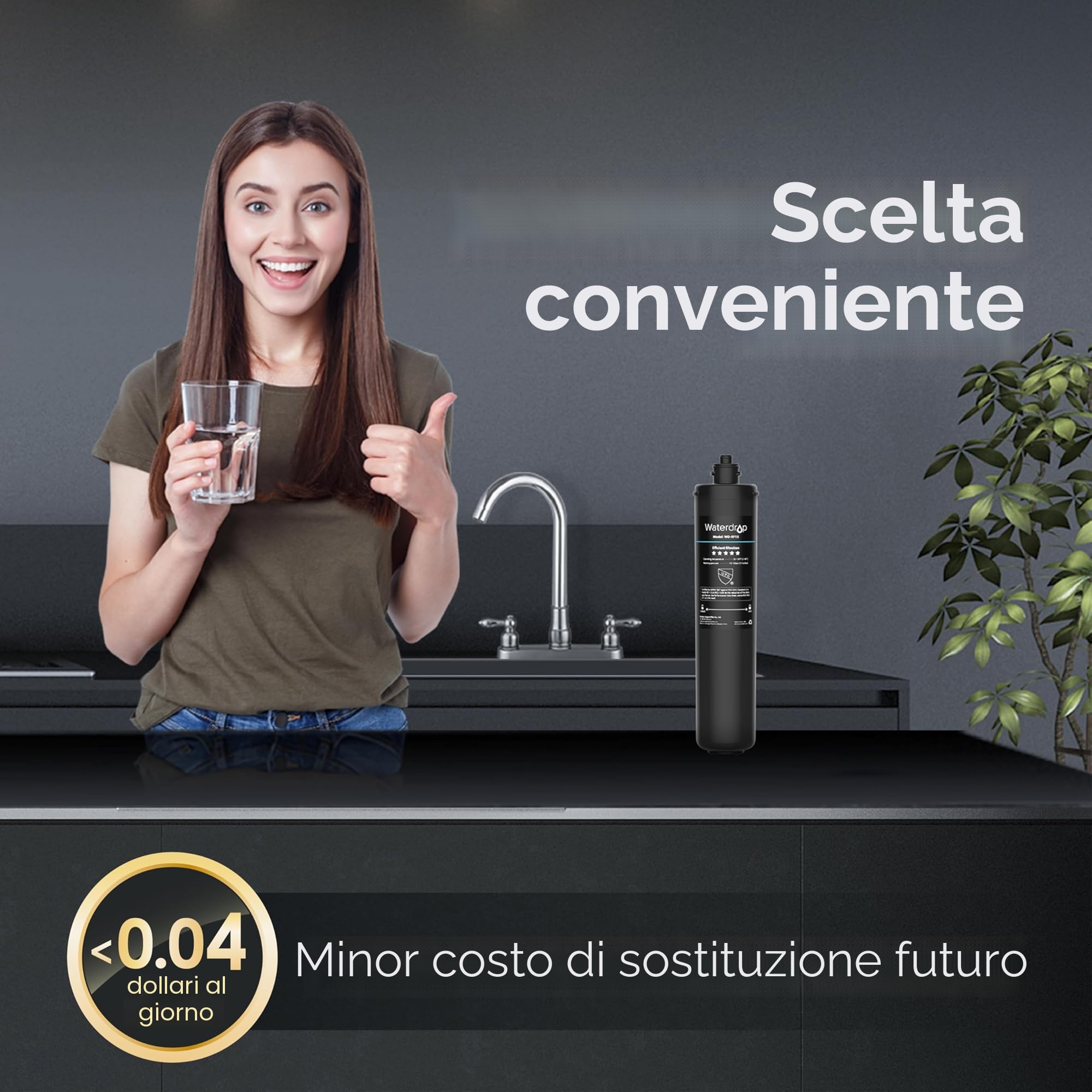 Waterdrop Cartuccia filtrante di ricambio RF15 per filtro acqua 15UA/15UB sotto il lavandino, riduce PFOA/PFOS, PFAS, piombo, cloro, cattivi sapori e odori, certificato NSF/ANSI 42, 70.000 litri