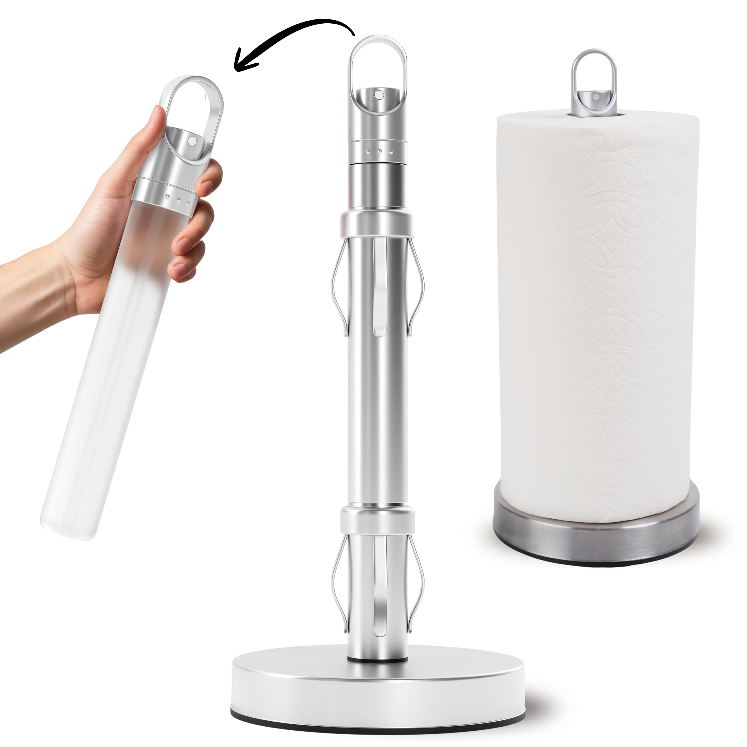 Stainless Steel Paper Towel Holder with Spray Pump – One-Handed Tear, Smart Traction System, 5 oz Sprayer Bottle, Heavy Duty Suction Cups, Weighted Base, Kitchen Towel Dispenser for Countertop Use