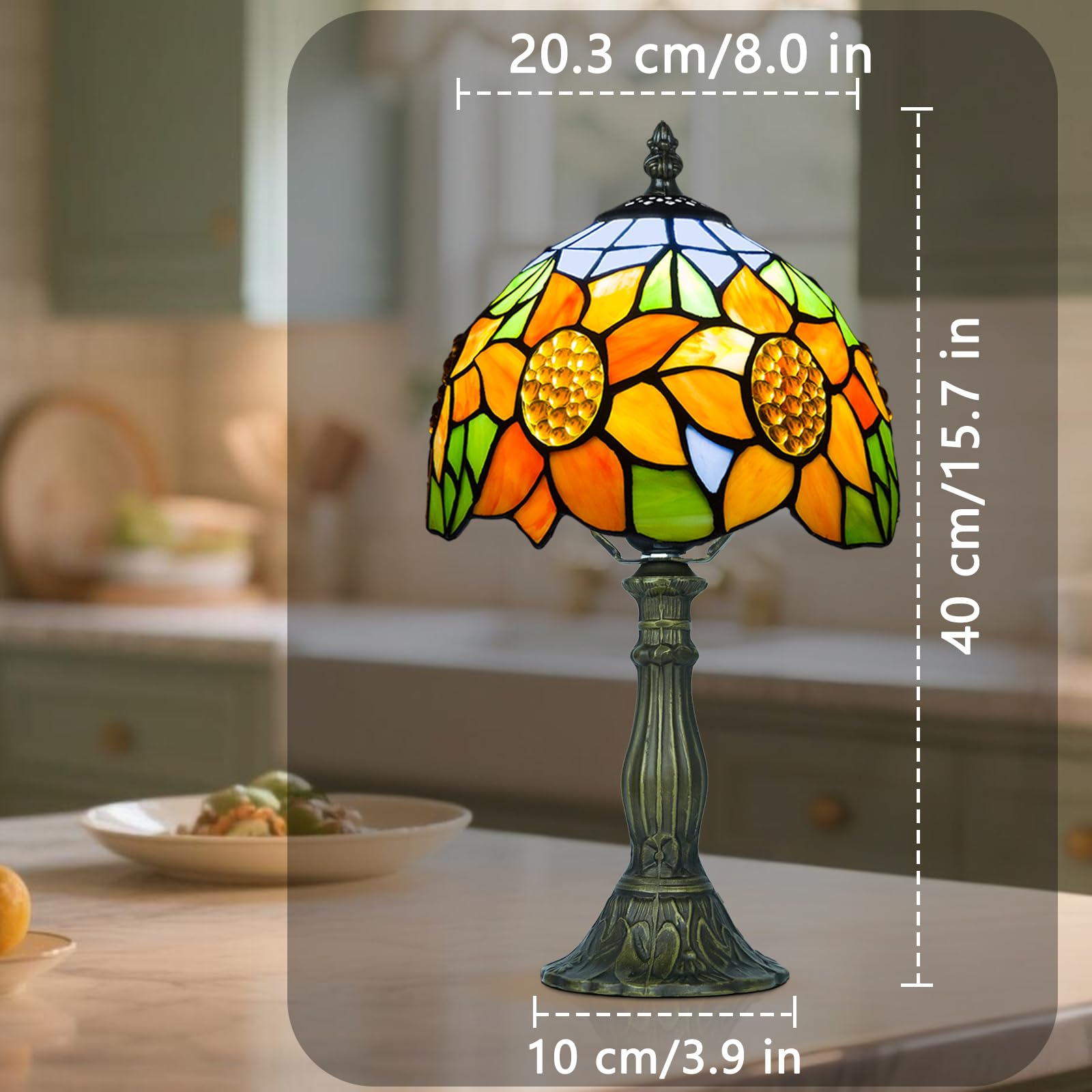 Tiffany-Tischlampe, Metallsockel, E27-Glühbirne Mit Fernbedienung, 8 Zoll Retro Stained Glass Lamp Für Wohnzimmern,Lesezimmern,Schlafzimmern Und Arbeitszimmern Verwendet (D Sonnenblume)
