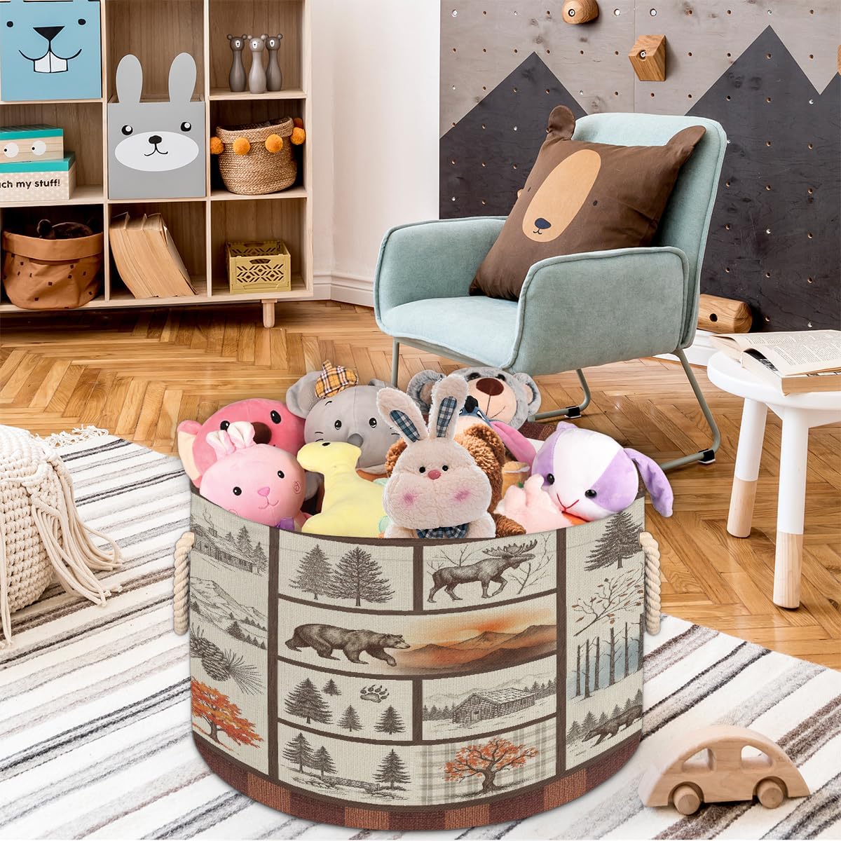 Large Storage Baskets - Rustic Cabin Nursery Round Collapsible Organizer Bin Box Laundry Hamper for Kids Toys, Blanket, Bedroom Living Room Home Decor, Gift Basket, 19.4"x13.3"