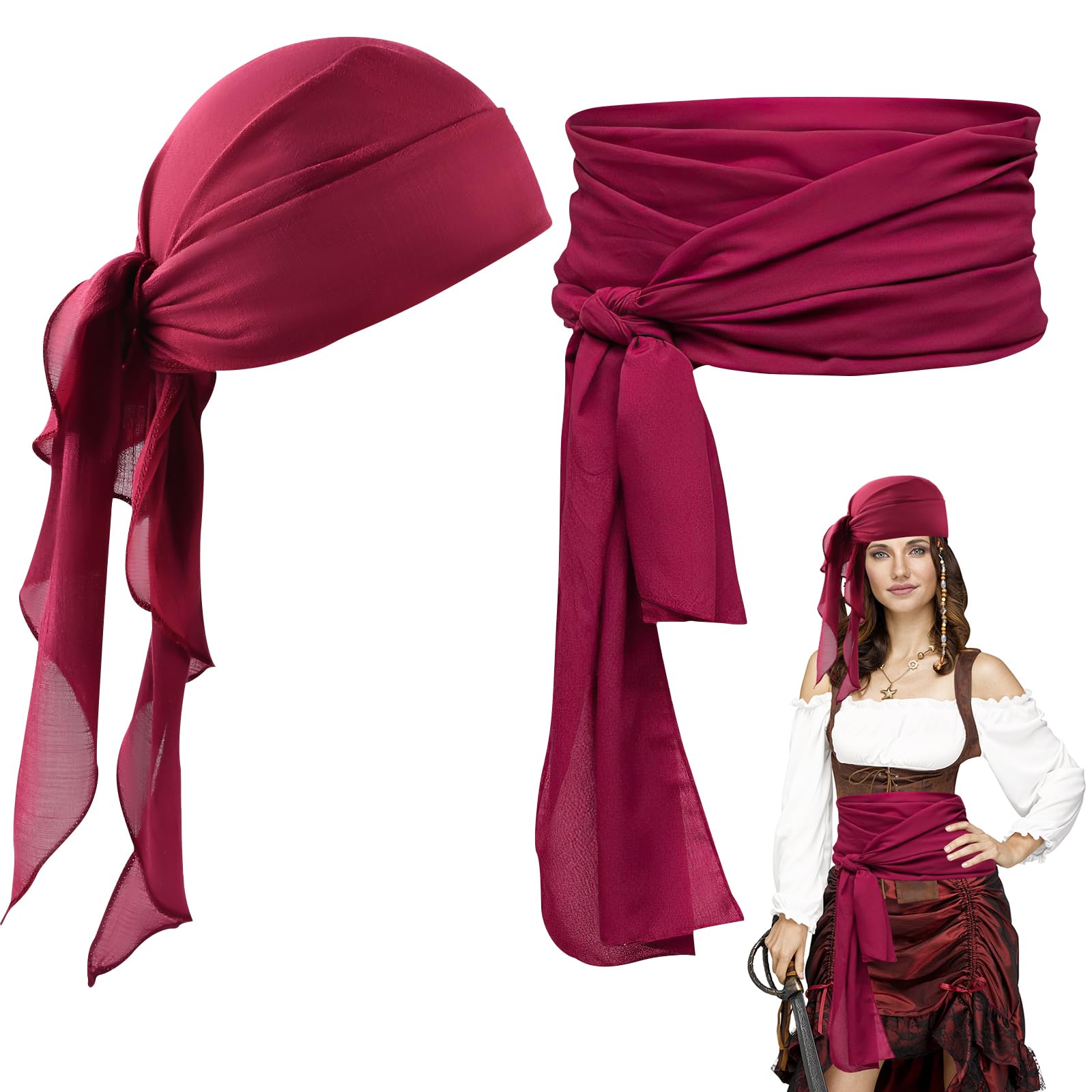 Accesorio para Disfraz de Piratas Medieval, 2 Piezas Kit de Accesorios Vintage Pirata, Bandana Pirata y Cinturón, Accesorio Disfraz para Hombre Mujer Halloween, Carnaval, Cosplay, Fiestas