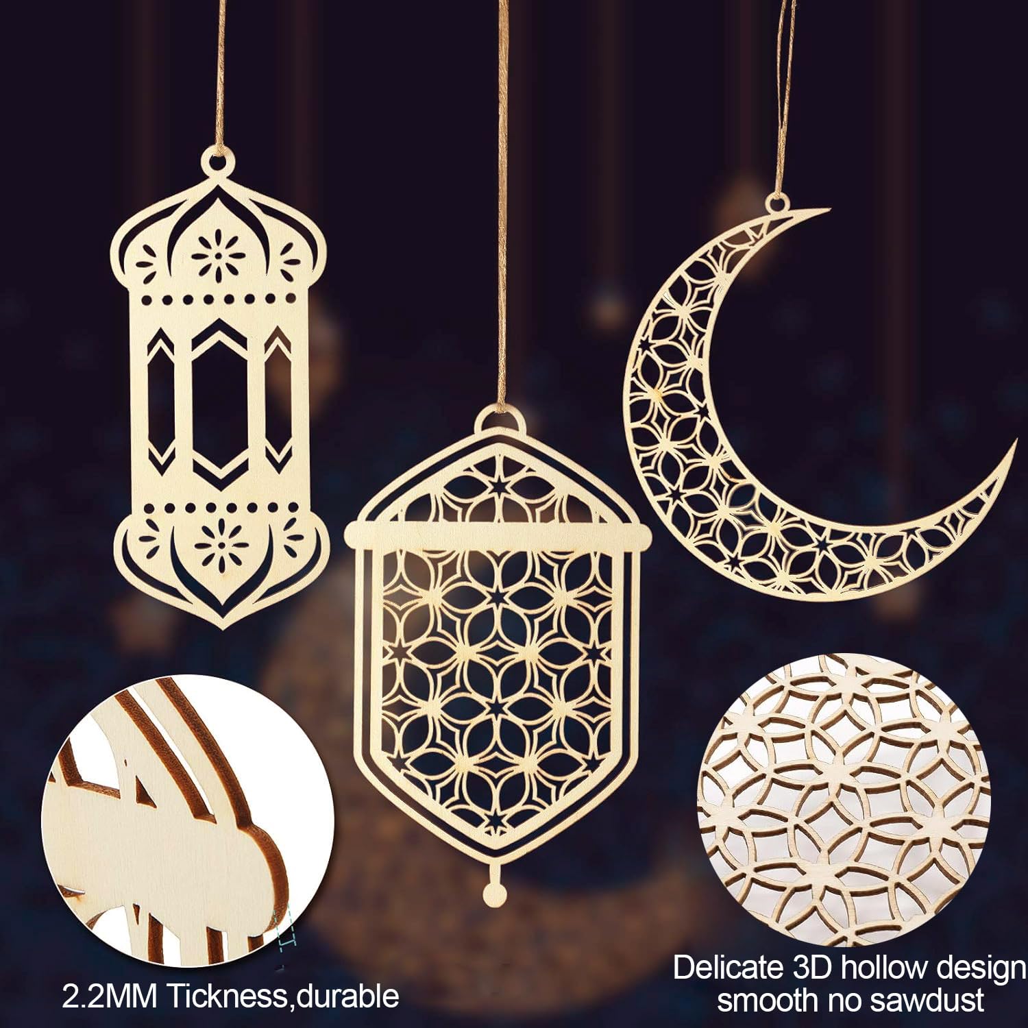 Set Di 6 Decorazioni In Legno A Forma Di Luna E Stella Per Ramadan E Eid - Pendenti Con Corda Per Finestre E Pareti, Stile Scavato - 4