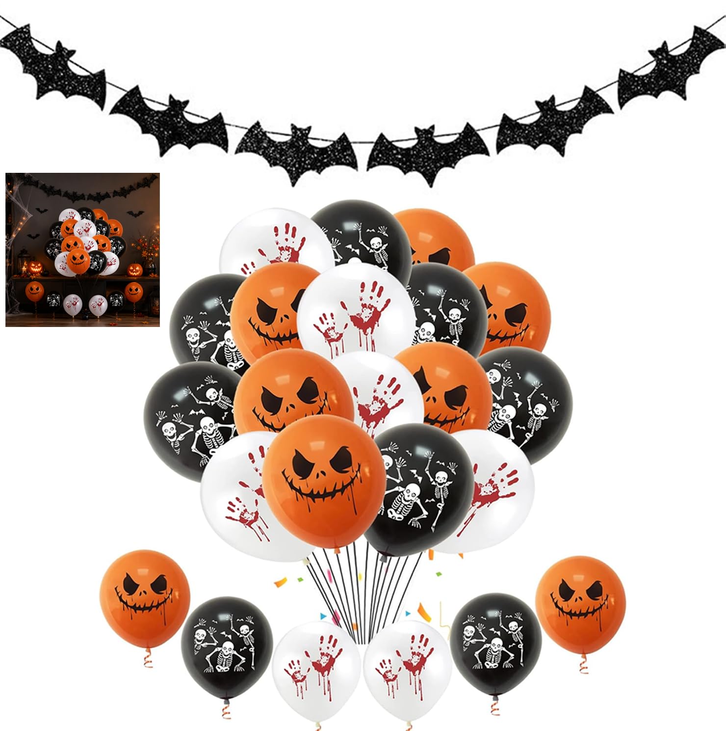 30Pcs Halloween Decorations Indoor, Bats Banner,12 Inch Halloween Balloons