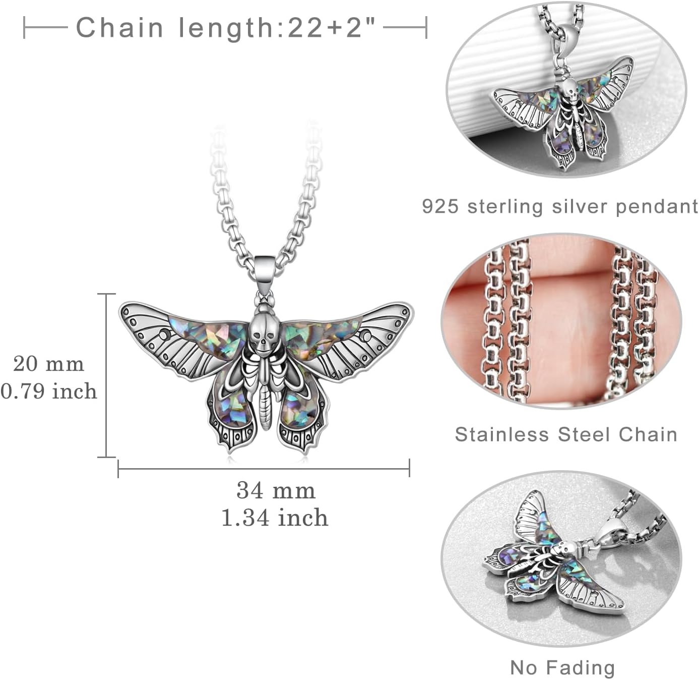 Gothic Moth Necklace 925 Sterling Sliver Skull Moth Necklace Gothic Jewelry Gifts for Men Women - Image 4