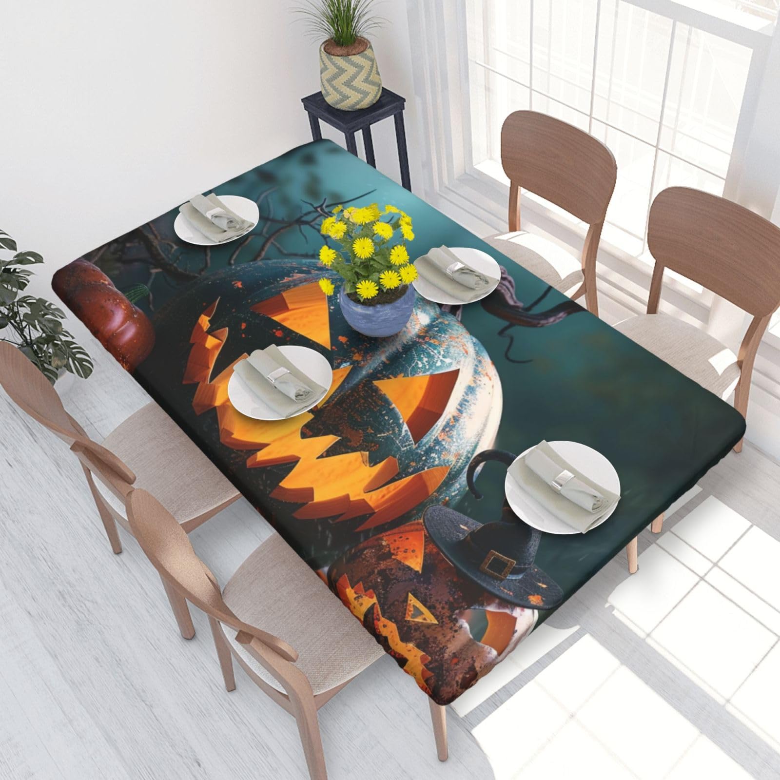 DCARSETCV Halloween Pumpkin Printed 4FT Waterproof Tablecloth with Elastic Edged Protect & Decor Your Table, Oil-proof Washable Table Cloth Cover for Dinner Picnic Party