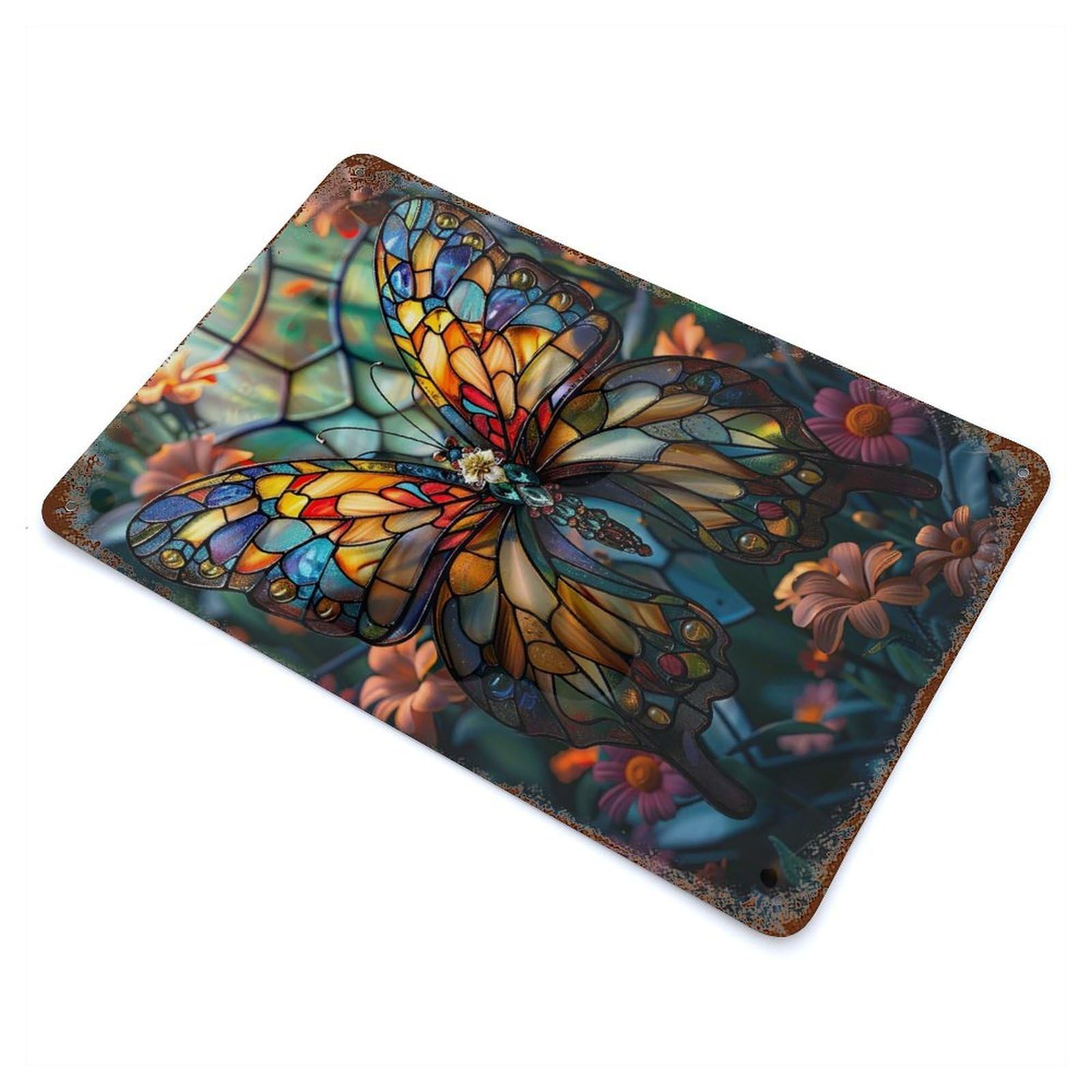 Stained Glass Butterfly Rusty Metal Tin Sign 11.8"x7.9", for Farmhouse, Kitchen And Entryway Decor, Rustic Home Decor