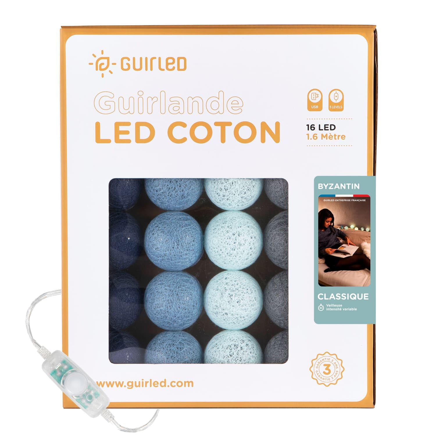 GuirLED - Guirlande lumineuse boules coton LED USB - Veilleuse bébé 2h - Adaptateur secteur double USB 2A inclus - 3 intensités - 16 boules 1.6m - Byzantin