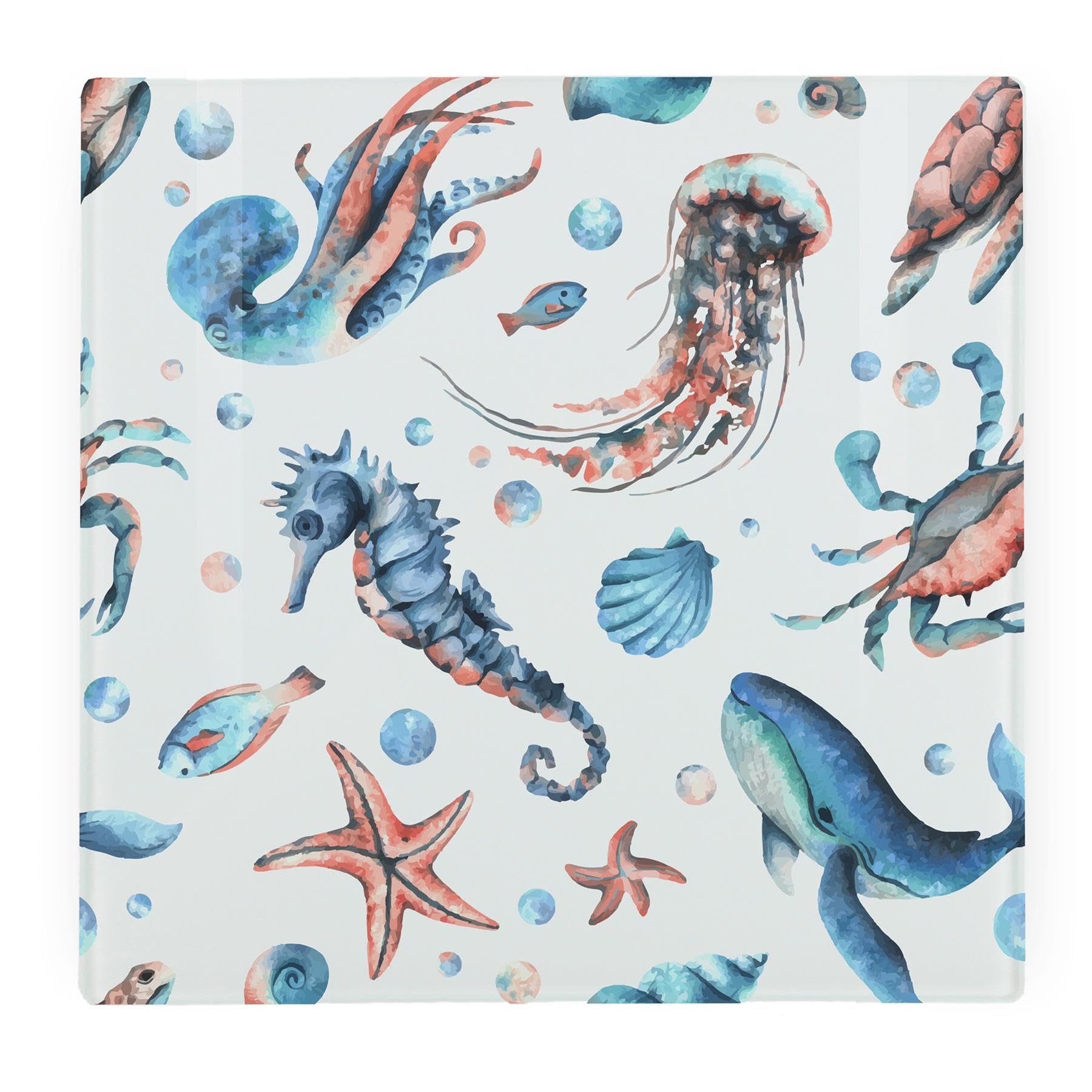 Sea Art Large Square Glass Worktop Protector - Aquatic Marine Life Themed Gift - Smooth Board Kitchen Chopping/Cutting Board Worktop Saver with Non-Slip Feet 30cm x 30cm (12" x 12")