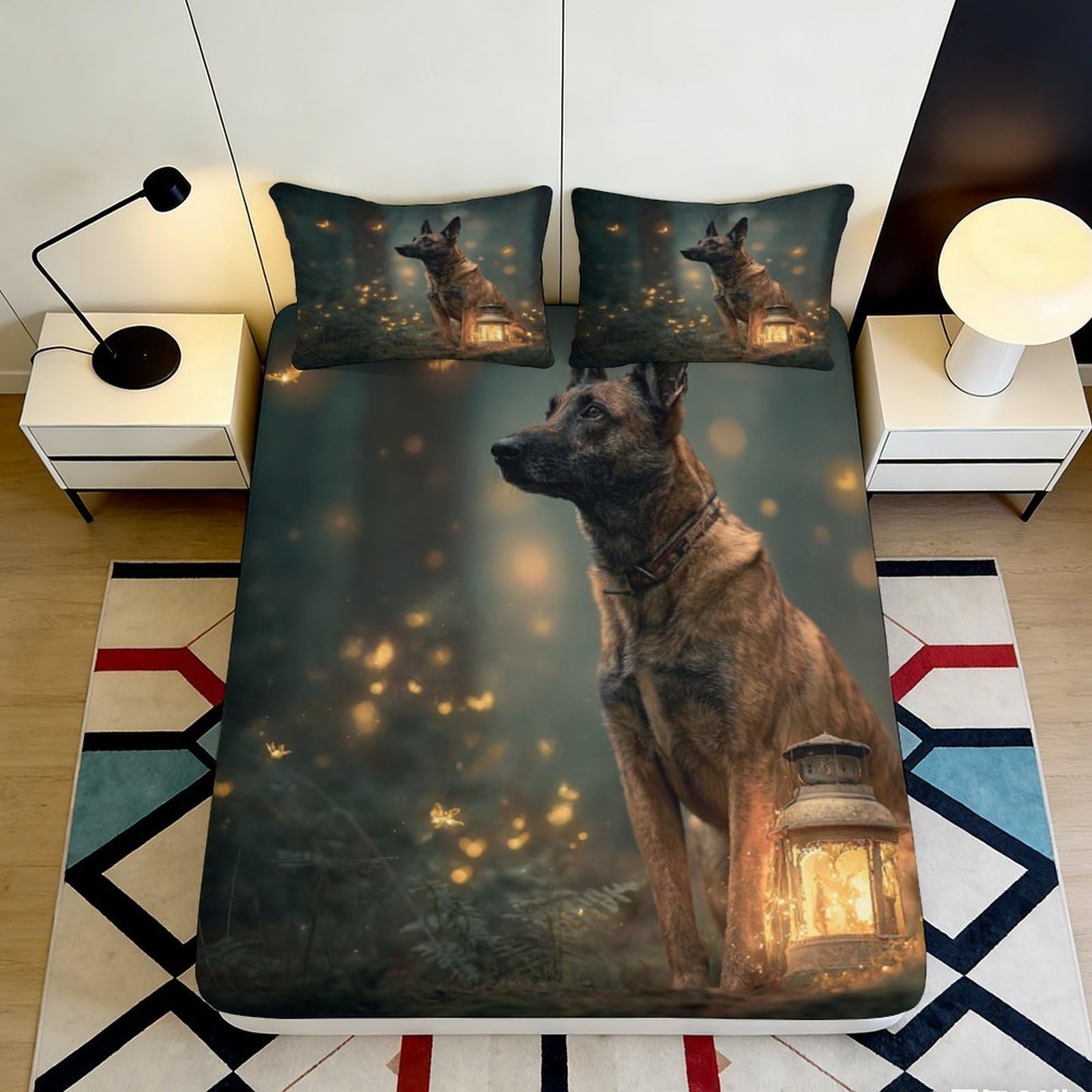 3D Printed Lantern Dog Fitted Sheet Microfiber Bedroom Bedding Lantern Dog Mattress Fitted Cover Deep Pocket Elastic Hem Washable for Adults 160x200x25cm