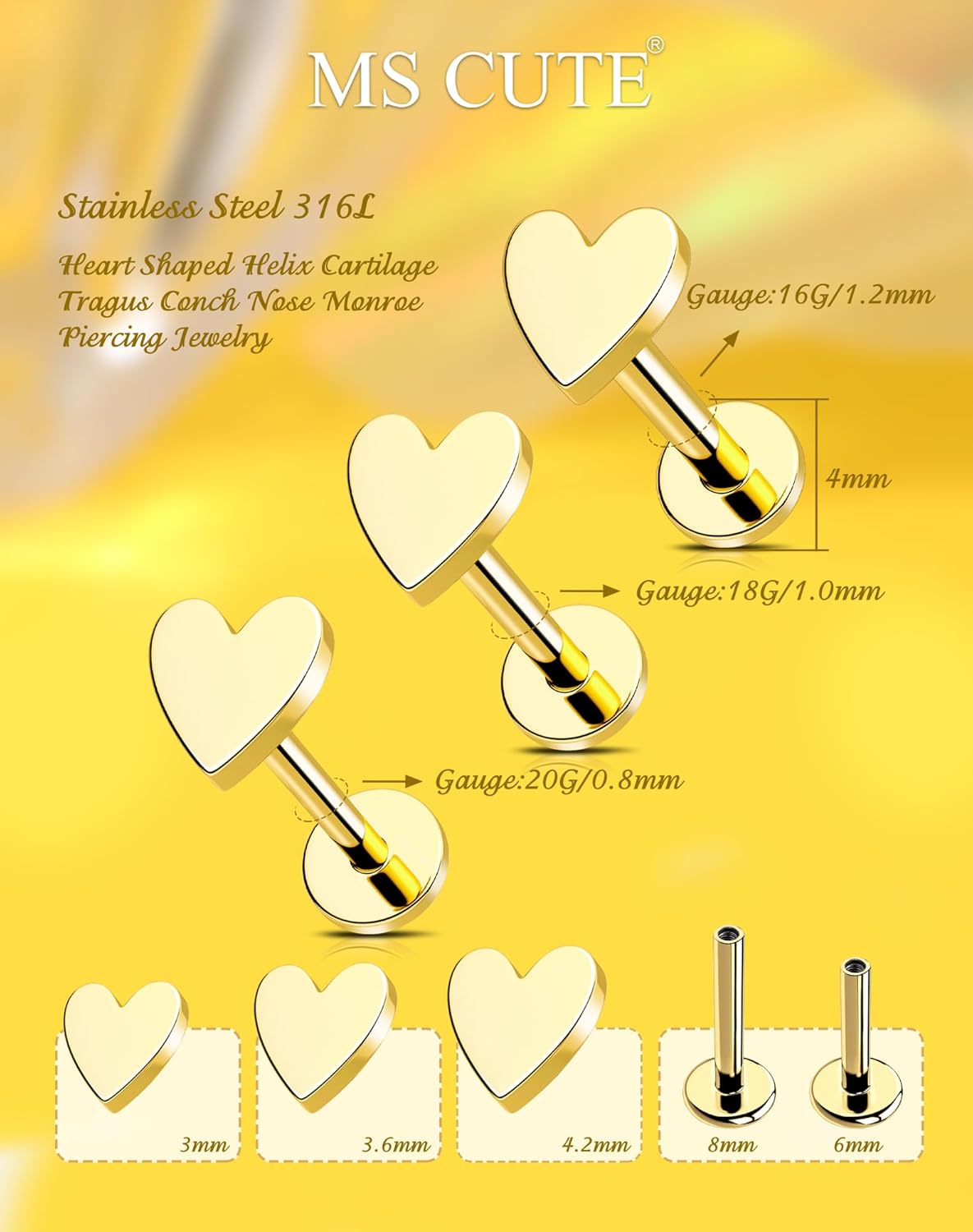 3Pcs Heart Shaped Nose Studs 16G/18G/20G 316L Stainless Steel Threadless Stud Earrings Flat Back Gold Nose Monroe Helix Cartilage Tragus Piercing Jewelry - Image 3