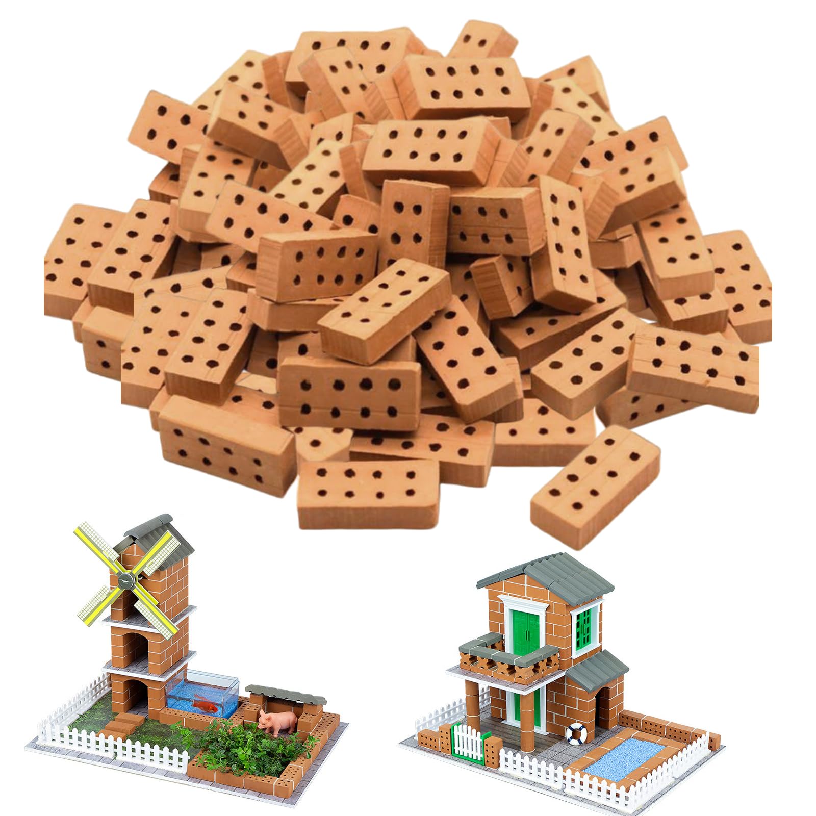 120 Stück Rote Mini Ziegelsteine, Miniatur Ziegelsteine mit 8 Löchern, Ton Modell Ziegel Steine Zum Mauern, für DIY Bauen Puppenhaus Garten Ornament Haus Spielzeug Deko（ 2 X 1 X 0.5cm）