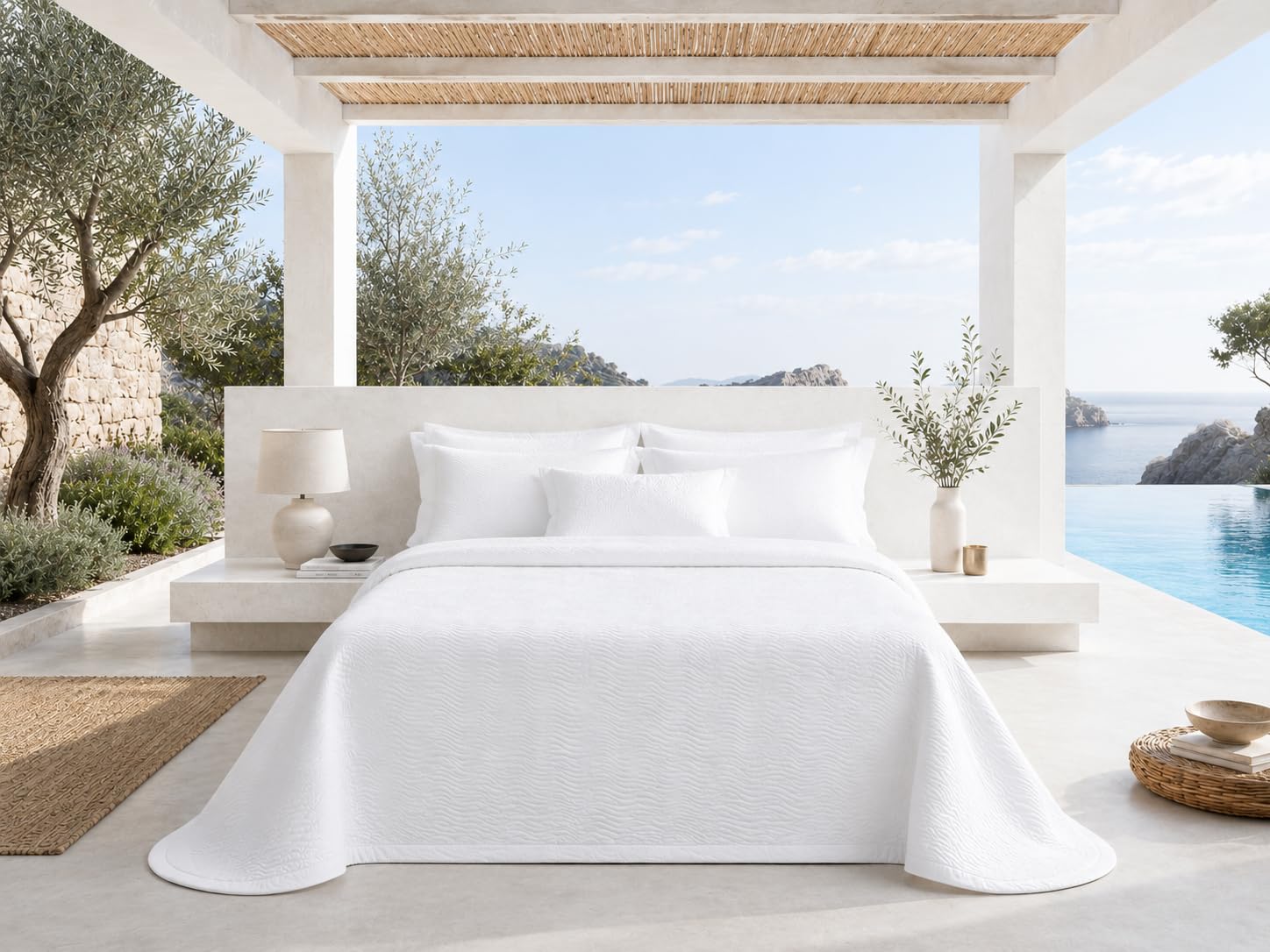 Estoralis Ondas | Colcha Verano de Diseño Moderno | Tejido Jaquard Alta Resistencia | Blanco | para Cama 180 cm. (270 x 270 cm. AnchoxAlto) | Cubre Cama para Todas Las Estaciones