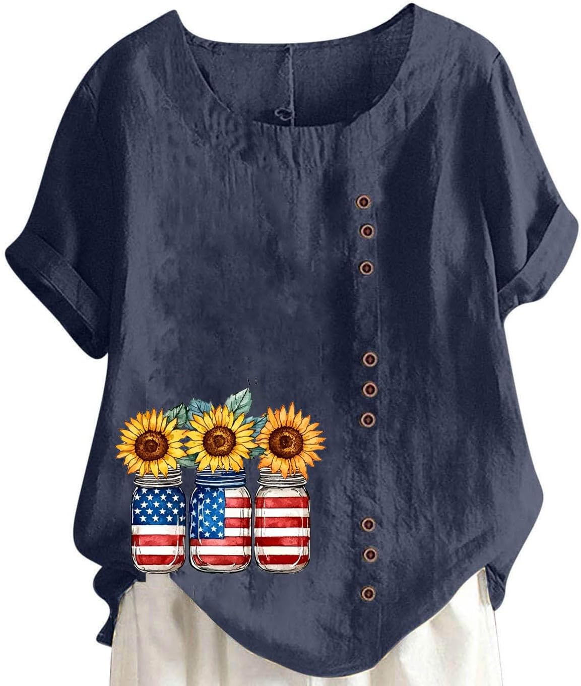 Patriotic T Shirts for Women Casual Sunflower Tops Crew Neck Short Roll Sleeve Blouses Tees Fourth of July Shirt