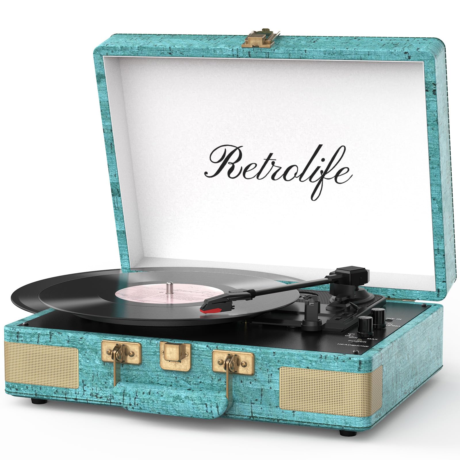 Retrolife Record Player 3 Speed Bluetooth Portable Suitcase Vinyl Player with Built-in Speakers Turntable Enhanced Audio Sound PU Leather Vintage