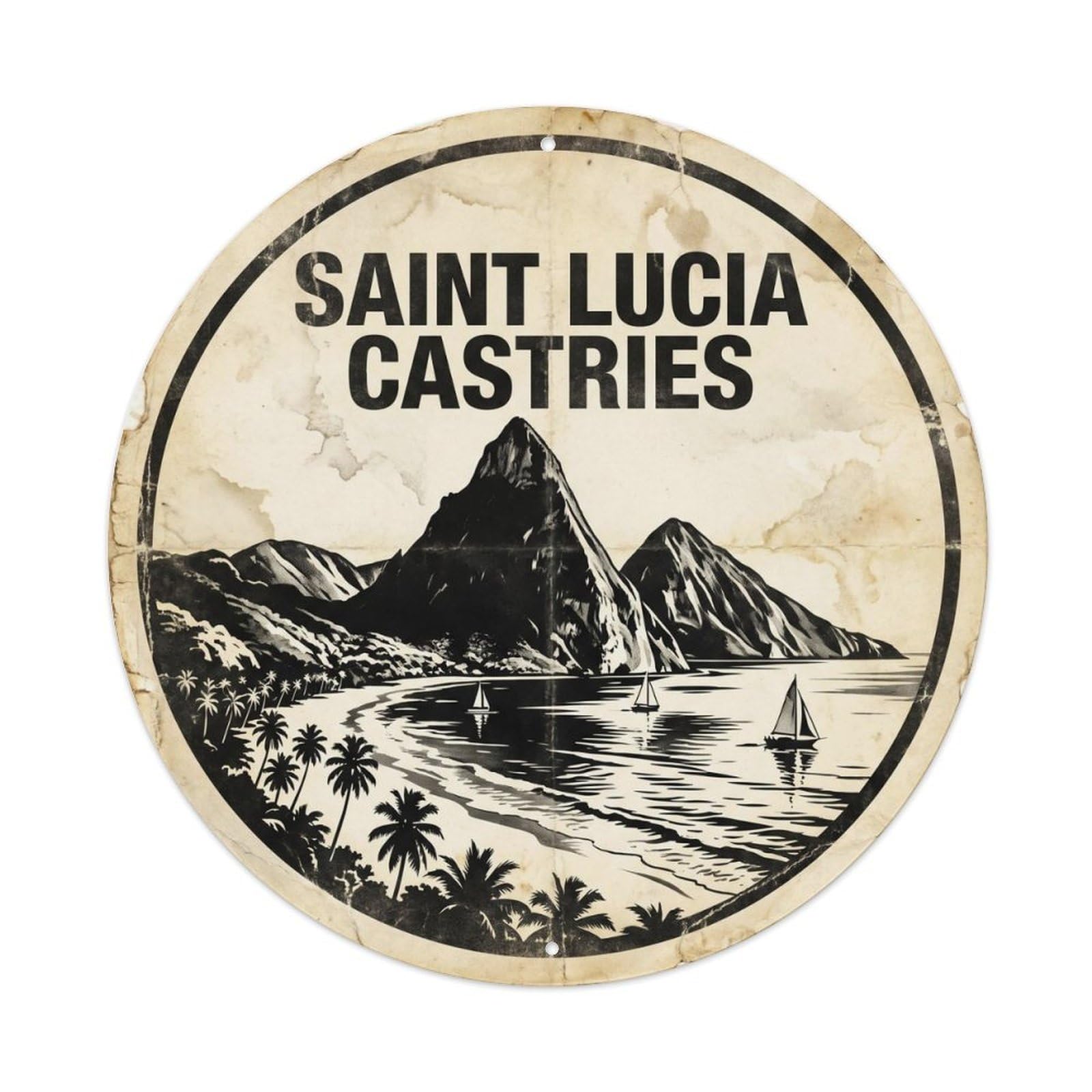 Saint Lucia Castries Lagoon Travel Graphic Contrast Metal Tin Sign