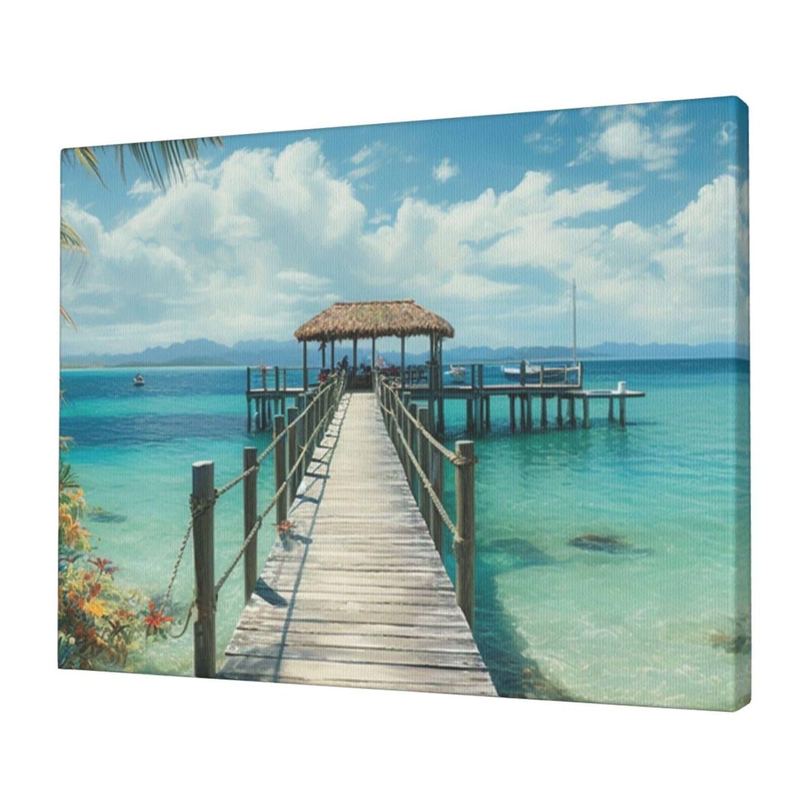 FodPand Canvas Wall Art for Living Room Wall Decor 12"x16" Modern Artwork Painting Pictures Hanging Canvas Prints Tropical pier Aesthetic Wall Art for Bedroom Bathroom Office Wallart Decor
