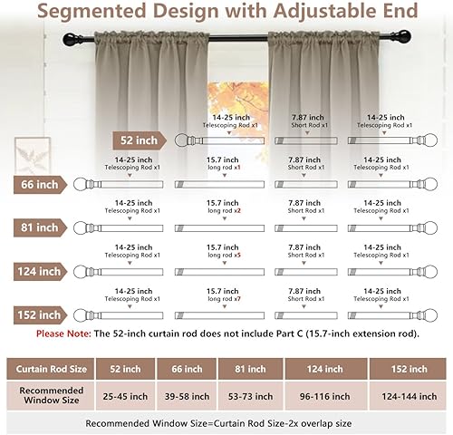 Miniatura 3 de Barras de cortina para ventanas de 32 a 52 pulgadas, barras de cortina negras resistentes de 1 pulgada con soportes, barra de cortina ajustable para