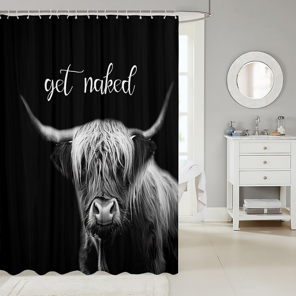 Cute Highland Cow Shower Curtain,Funny Get Naked Quotes Bathroom Curtain,Kids Teens Women Men Room Decor,Rustic Farm Animals Waterproof Curtain Modern Black Grey Bath Curtain,12 Hooks,72" Wx78 L