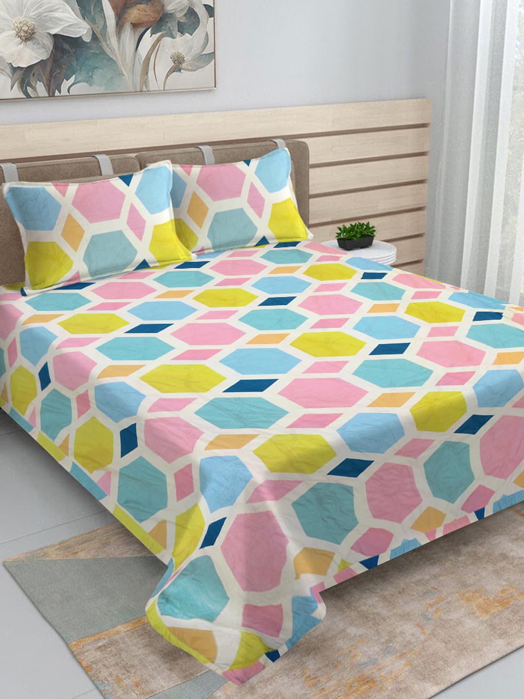 Multicolor Geometric Cotton Blend King Size Ultrasonic Quilted Reversible Double Bedcover with 2 Quilted Pillow Covers (FLBD-1075-Multi)-image-22