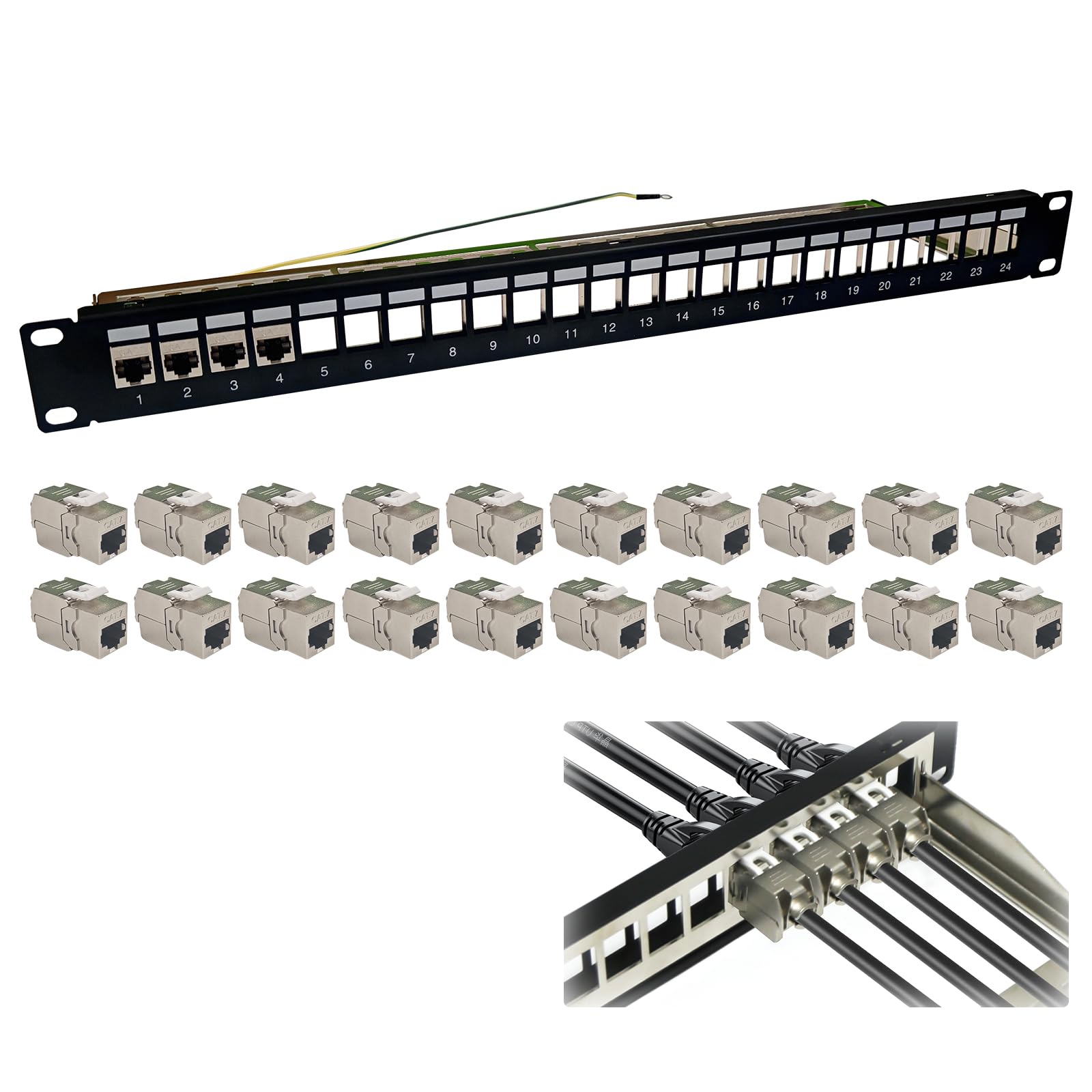24 Port CAT7 Patchpanel, 10Gbps/600MHz, mit 24 Cat7 Keystone Module, 19 Zoll Patchpanel Verteilerfeld, Rackeinbau RJ45 LAN Netzwerk Verlegekabel Kompatibel mit Mehreren Modulen