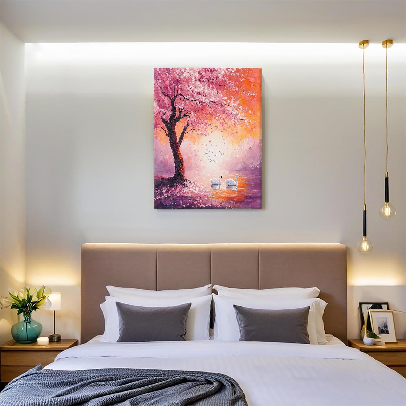 Leinwandbild 70 x 50 cm Abstrakte Kirschblüten und Schwäne Kunstdruck Wandbild Foto Poster Bild Fertig zum Aufhängen Aesthetic Deko Flur küche Büro Villa Badezimmer