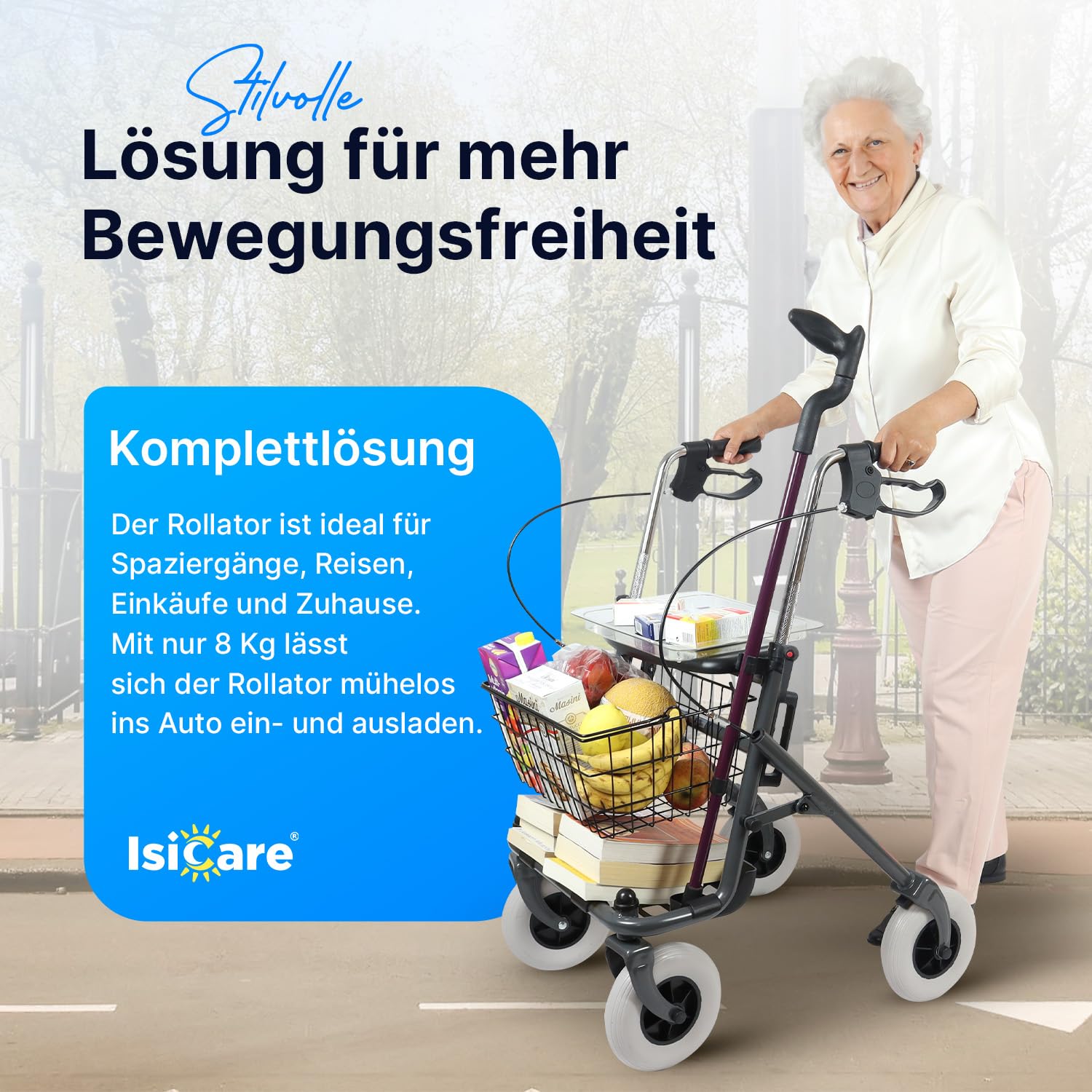 Rollator, leicht und ergonomisch, Gehhilfe mit höhenverstellbaren Griffen, extra breiten Reifen, Stabilität auf allen Untergründen, nur 8 Kg, Stockhalter und geräumiger Korb, Innen und Draußen