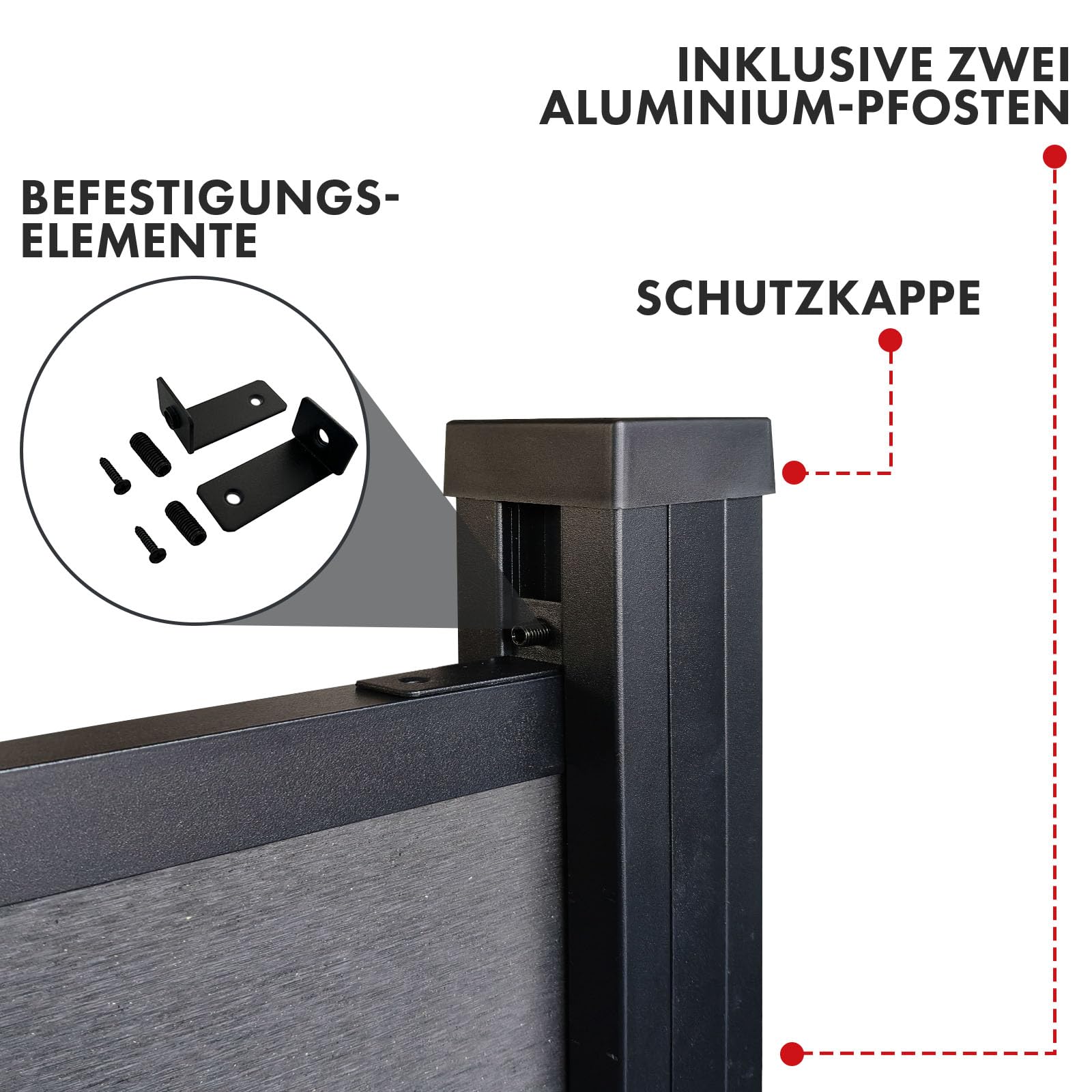 Floordirekt Gartenzaun 180x180cm mit Aluminium Pfosten - WPC Zaun Komplettset Kronos - Sichtschutzzaun - Windschutz Sichtschutz für Terrasse & Garten - Inklusive Montagematerial (Black)