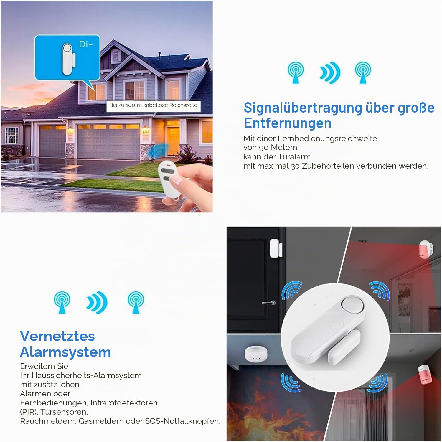 TOWODE Alarmanlage Haus & Wohnung - 3er Set Tür- und Fensteralarm mit Fernbedienung, 120dB Lauter Einbruchschutz, Kabelloser Türsensor & Fenstersensor, Kindersicherung, 3 Modi & SOS-Funktion